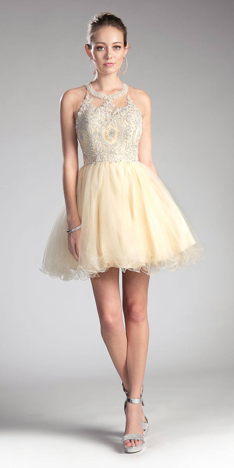 Ladivine UJ0119 Short Appliqued Bodice Halter Tulle Skirt Dress by DiscountDressShop