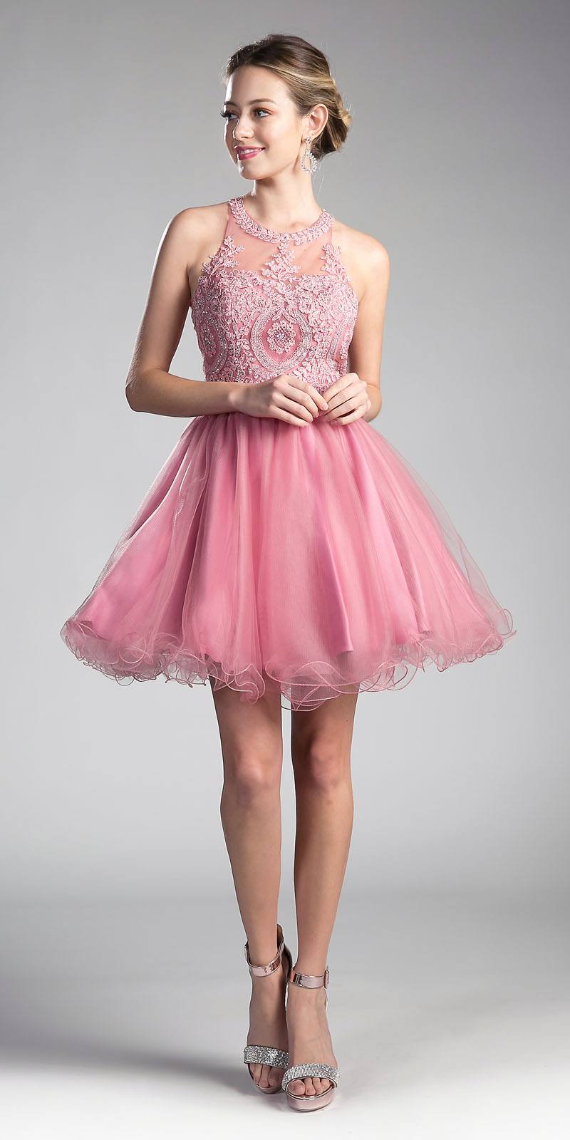 Ladivine UJ0119 Short Appliqued Bodice Halter Tulle Skirt Dress by DiscountDressShop