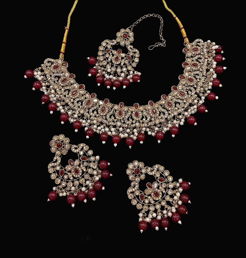 Joban Fashion Maroon Stone Work Necklace Set