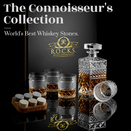 Whiskey Decanter Gift Set - Crystal Decanter with Glasses & Granite Chilling Stones