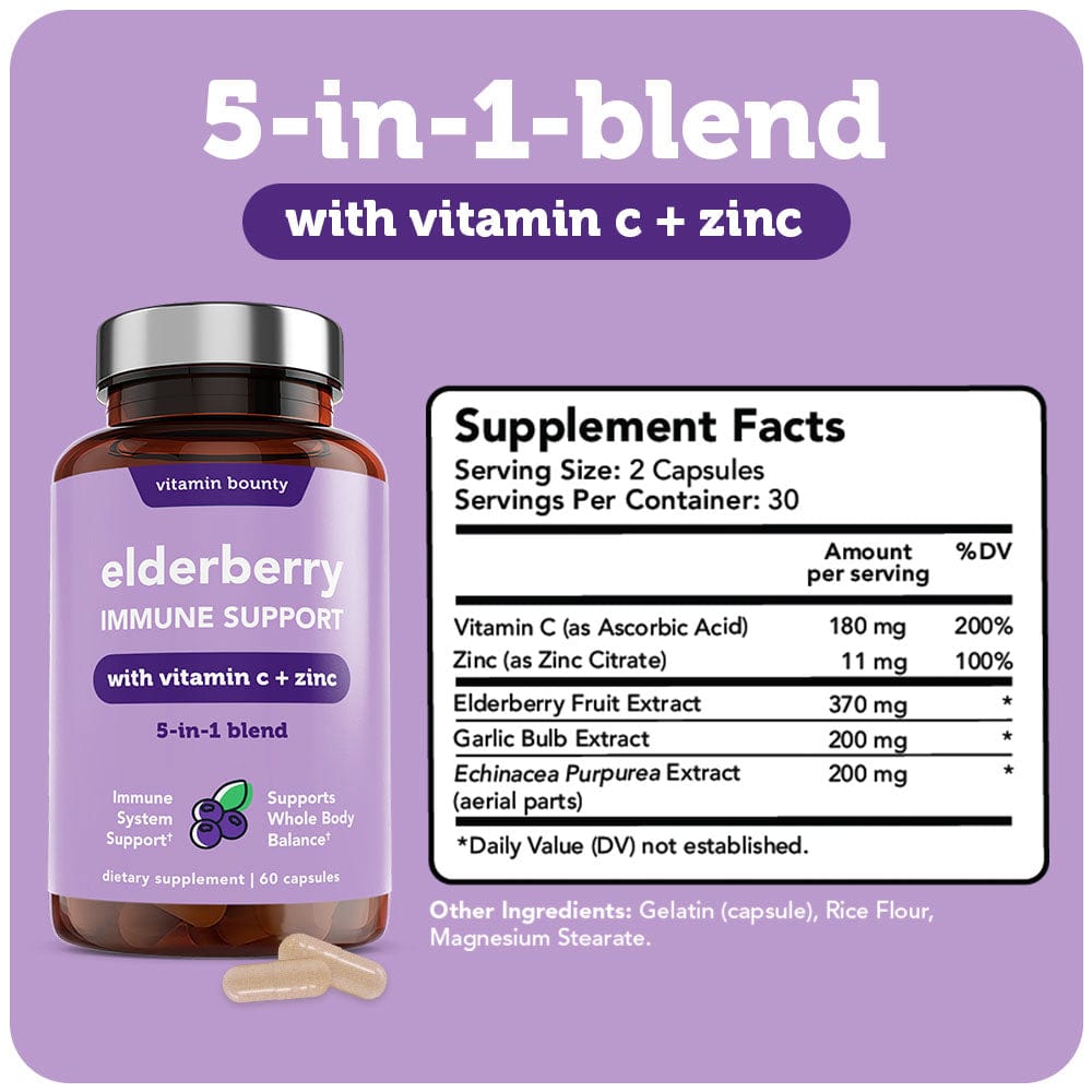 Elderberry Immune Support - 5-in-1 Formula with Vitamin C, Zinc, Garlic & Echinacea - DestGlow
