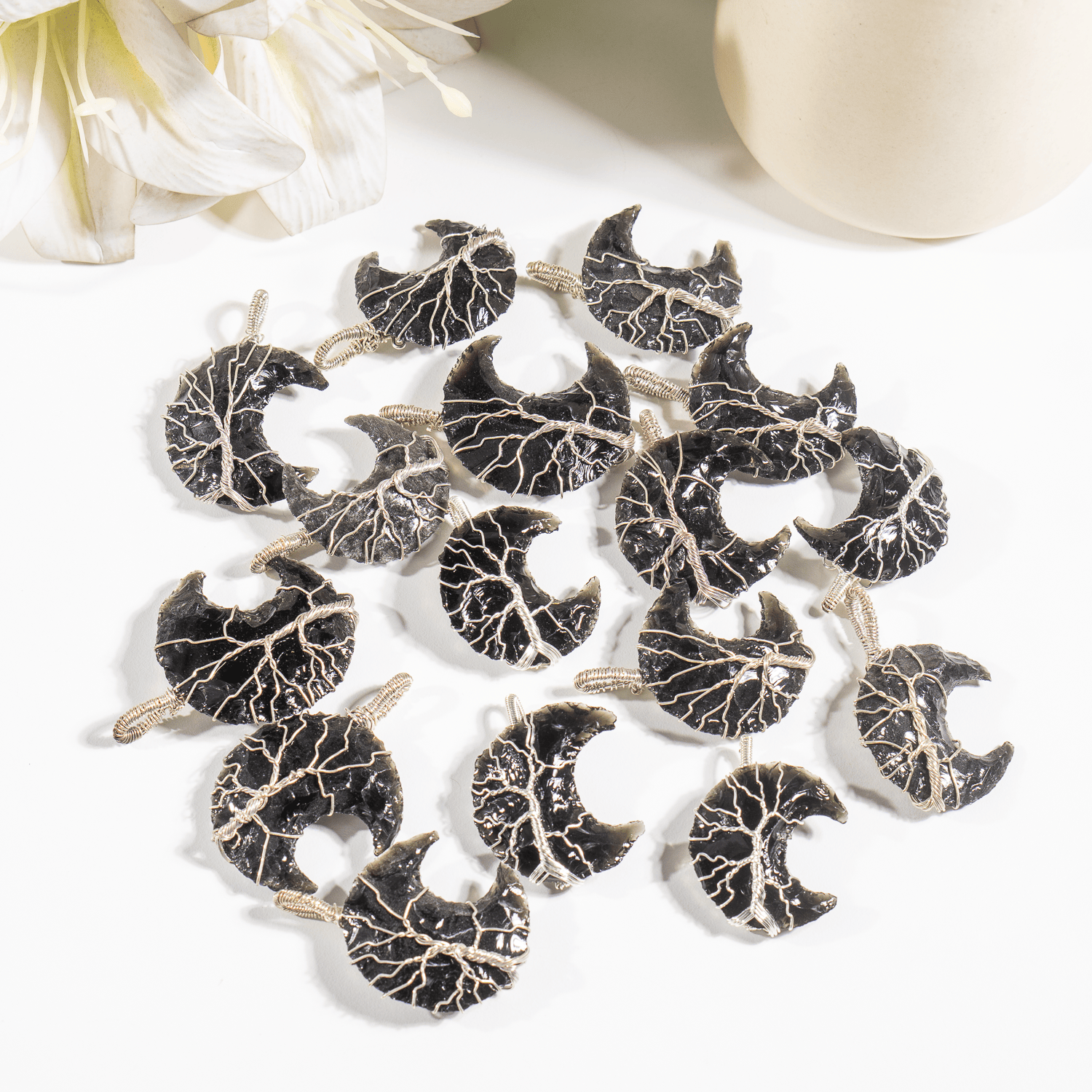 Black Obsidian Moon Silver Wire Wrapped Pendant, Crystal Moon Pendant DestGlow
