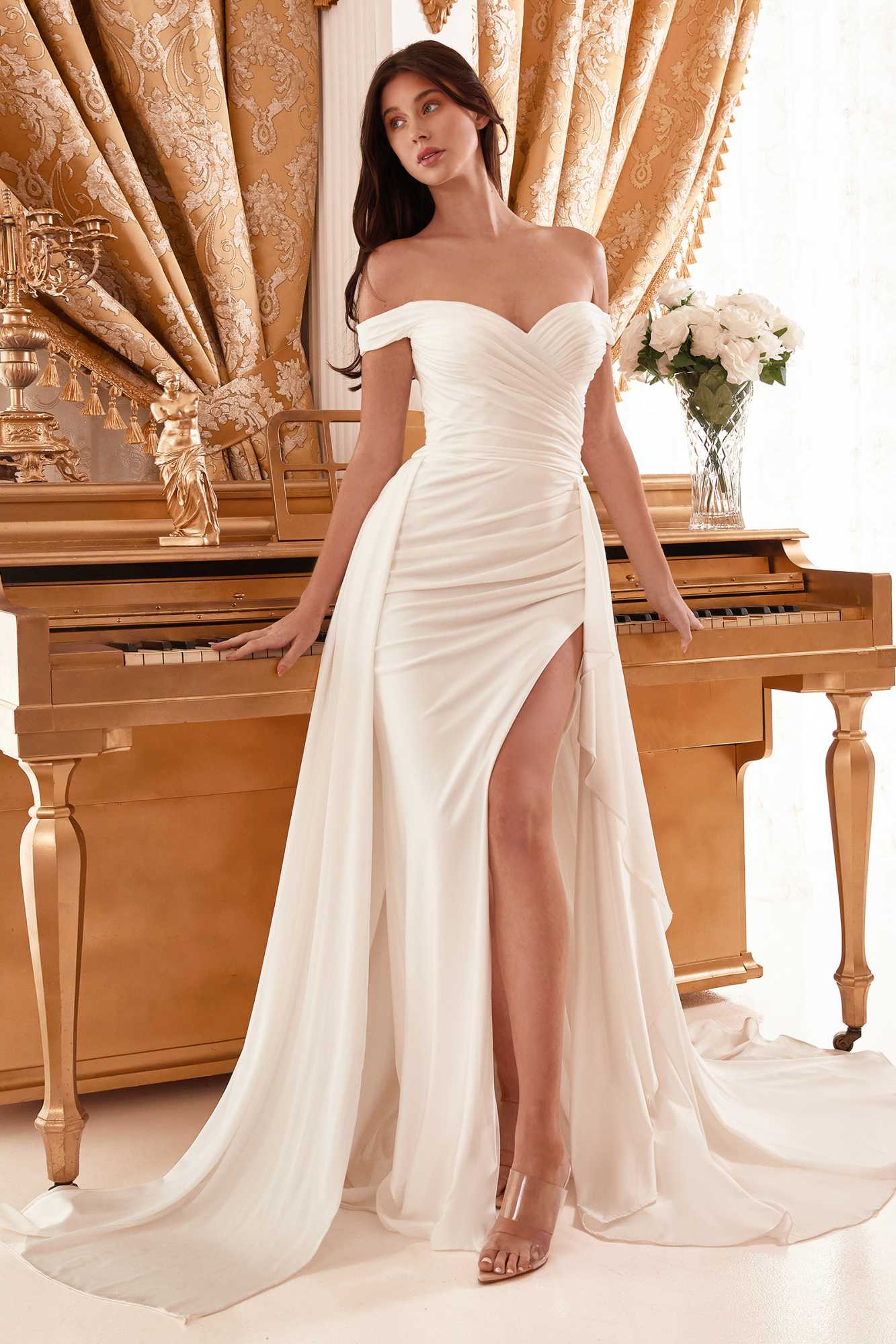 CLEARANCE - Ladivine WN315 Long Draped Off The Shoulder Bridal Gown With Overskirt (Size 10) by DiscountDressShop