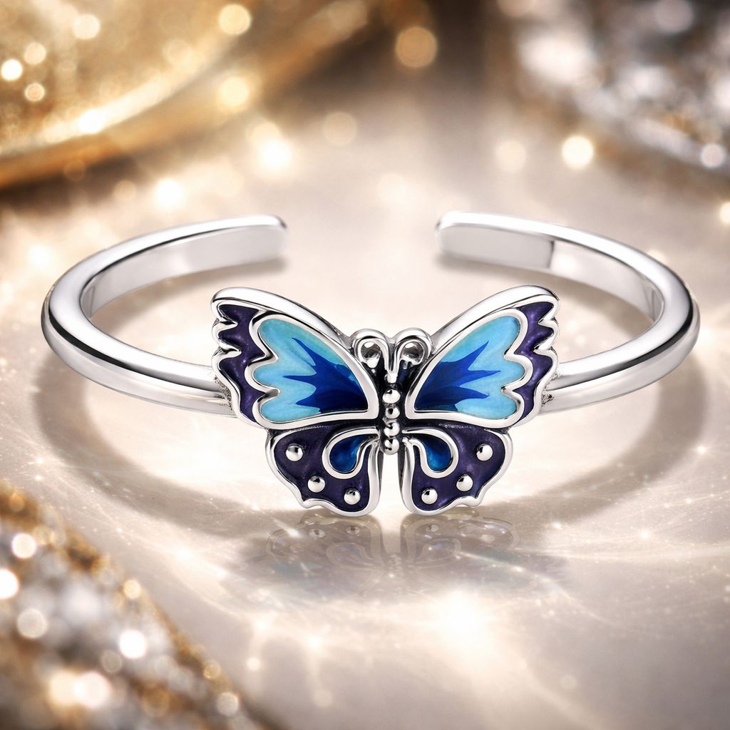 925 Sterling Silver Enamel Oxidized Silver Butterfly Rings by Bids.com
