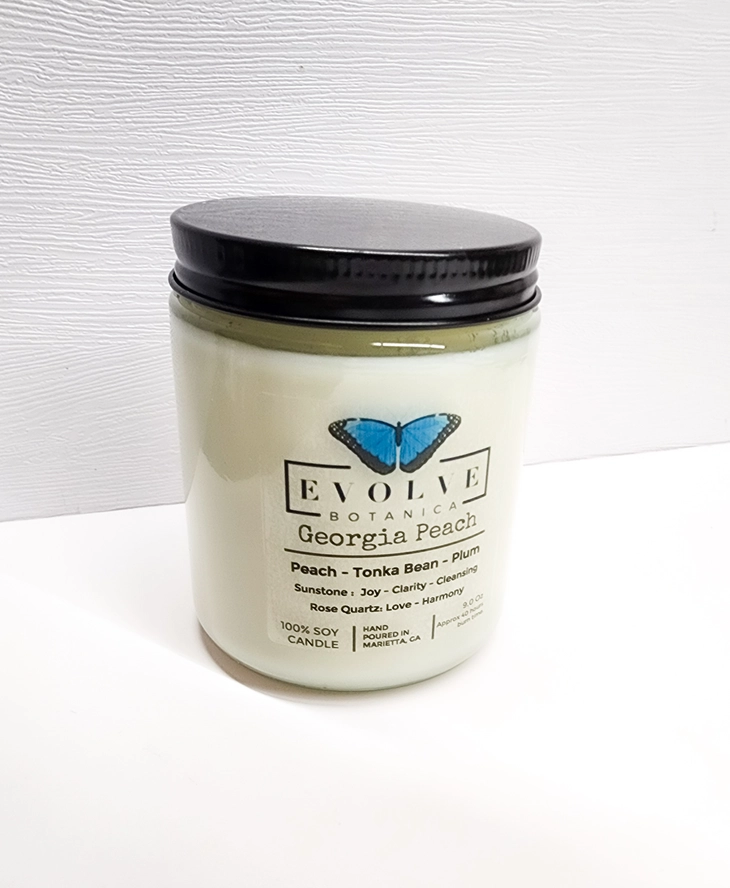 Classic 9oz Jam Jar Crystal Soy Candle - Georgia Peach (Sunstone & Rose Quartz)