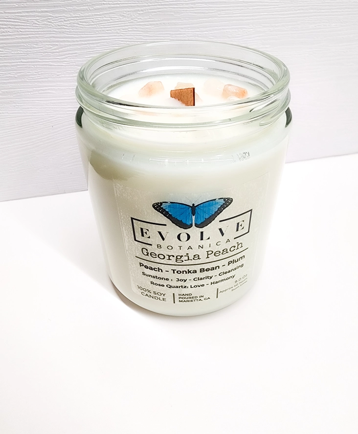 Classic 9oz Jam Jar Crystal Soy Candle - Georgia Peach (Sunstone & Rose Quartz)