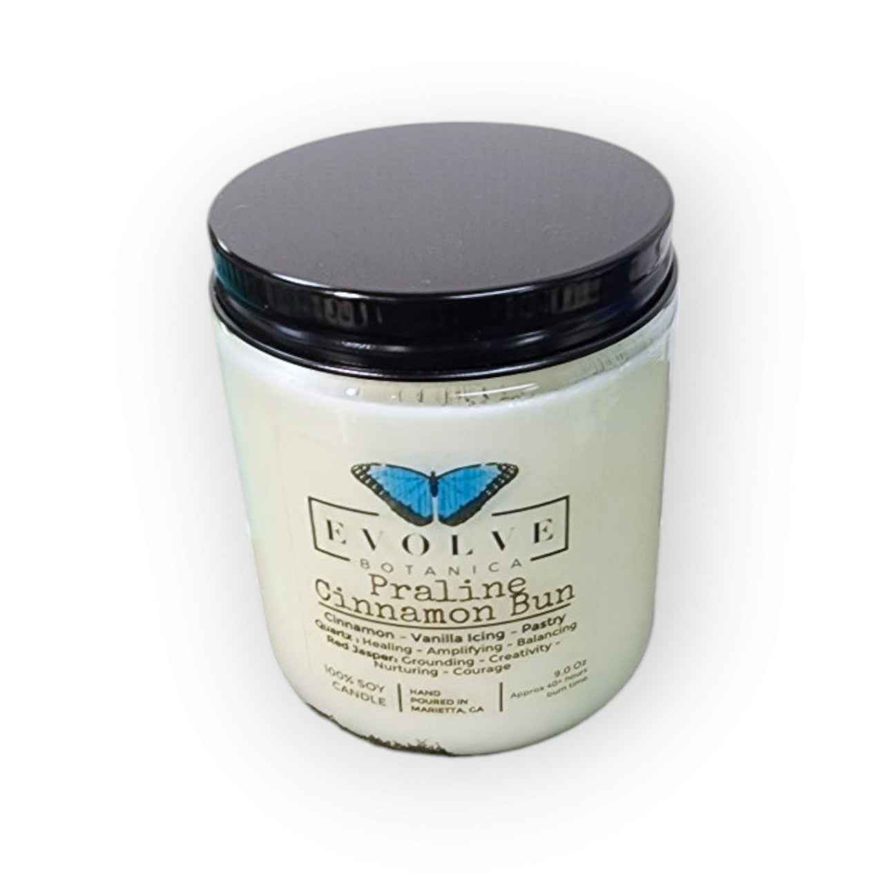 Classic 9oz Jam Jar Crystal Soy Candle - Praline Cinnamon Bun (Red Jasper & Clear Quartz)