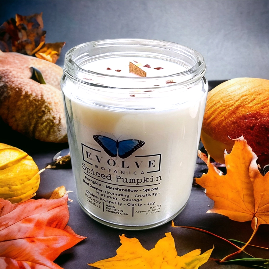 Classic 9oz Jam Jar Crystal Soy Candle - Spiced Pumpkin (Jasper & Citrine)