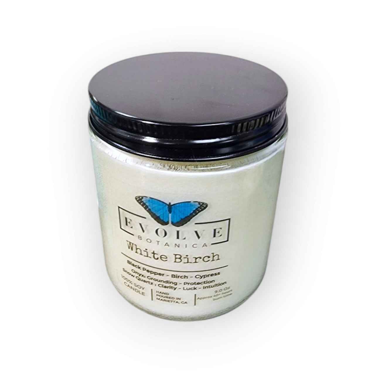 Classic 9oz Jam Jar Crystal Soy Candle - White Birch (Snow Quartz & Onyx)