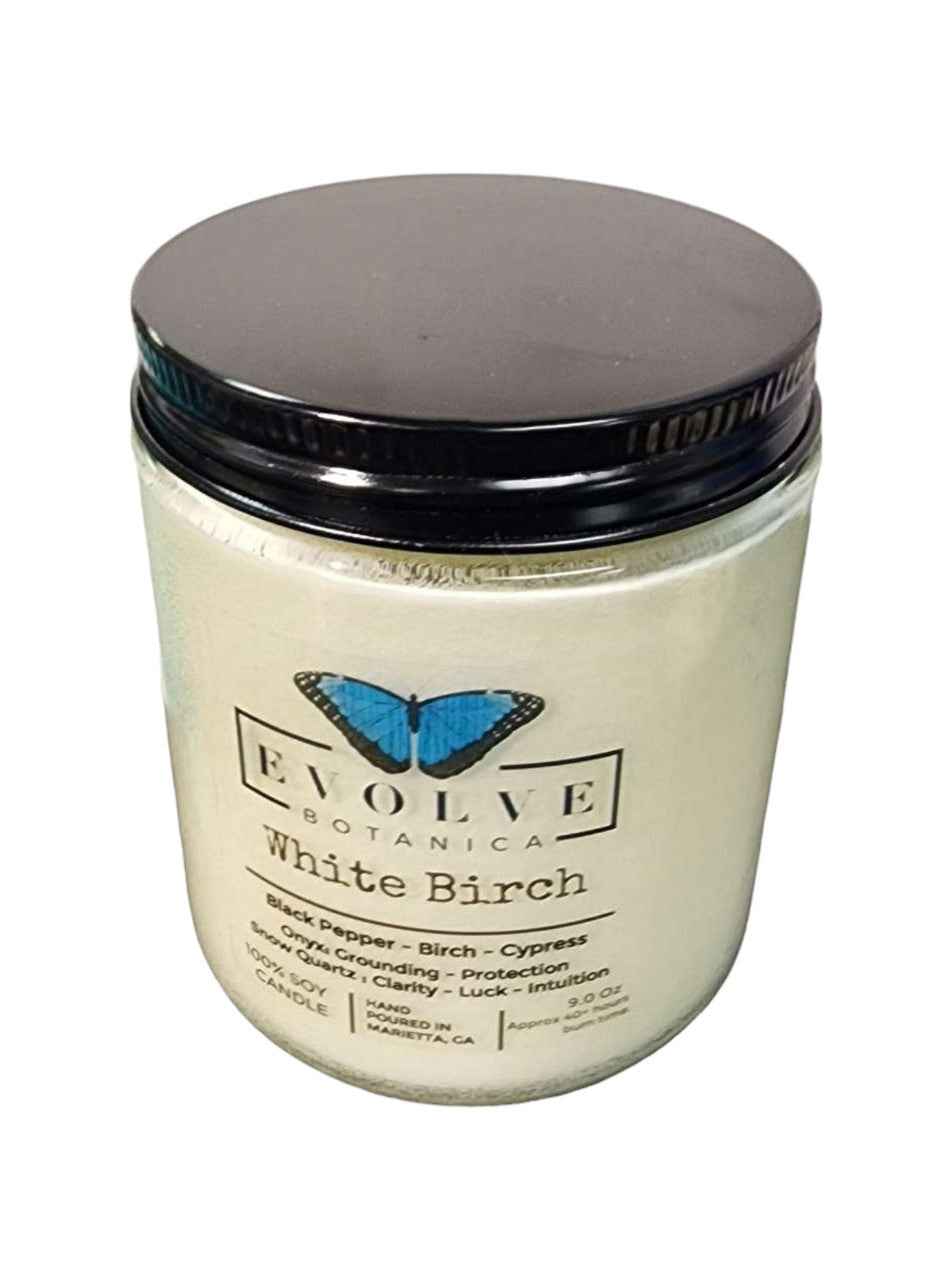 Classic 9oz Jam Jar Crystal Soy Candle - White Birch (Snow Quartz & Onyx)