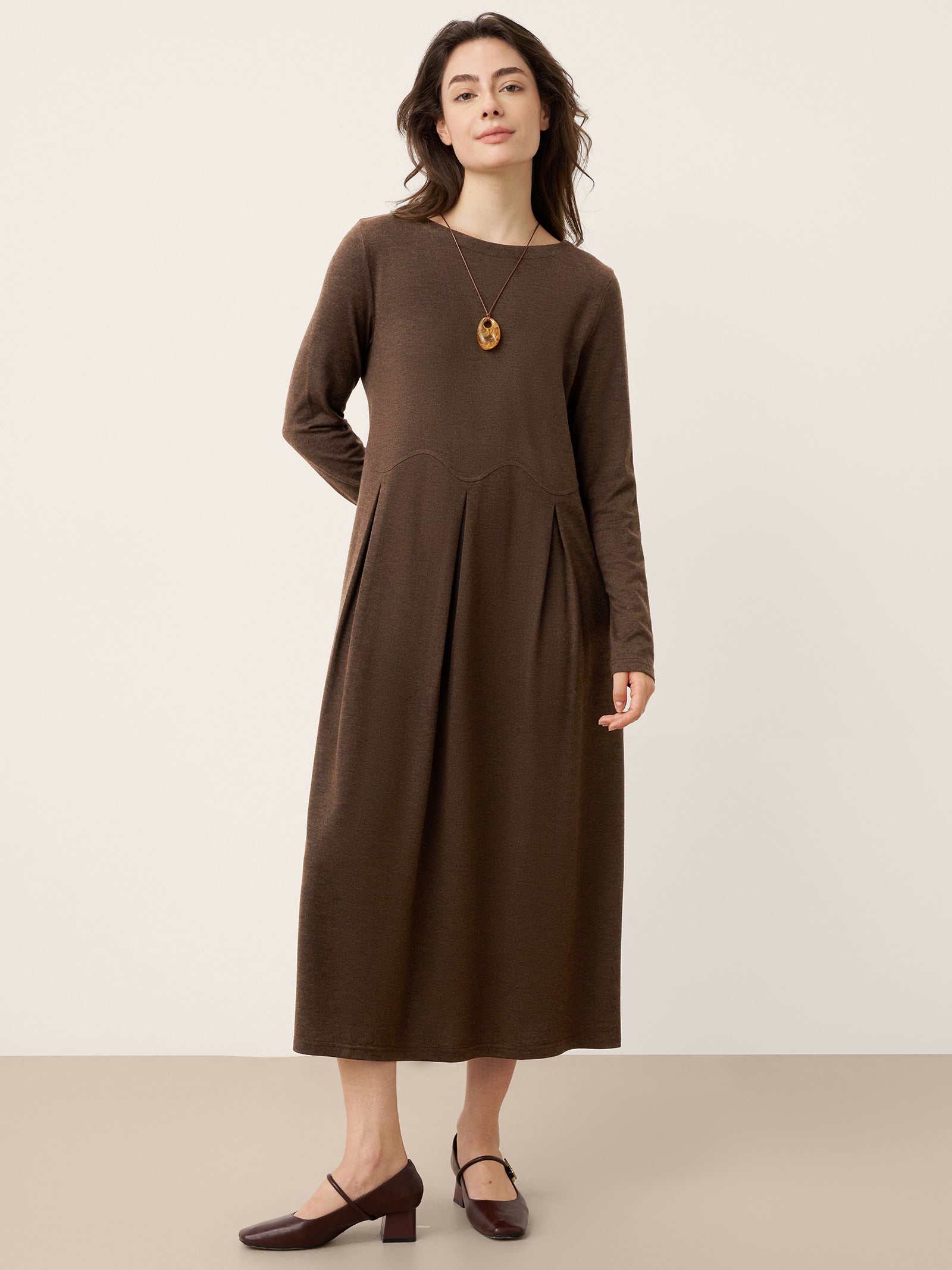Wool Arc-Panel Sculpted Pleats Midi Dress CALISTA - DestGlow
