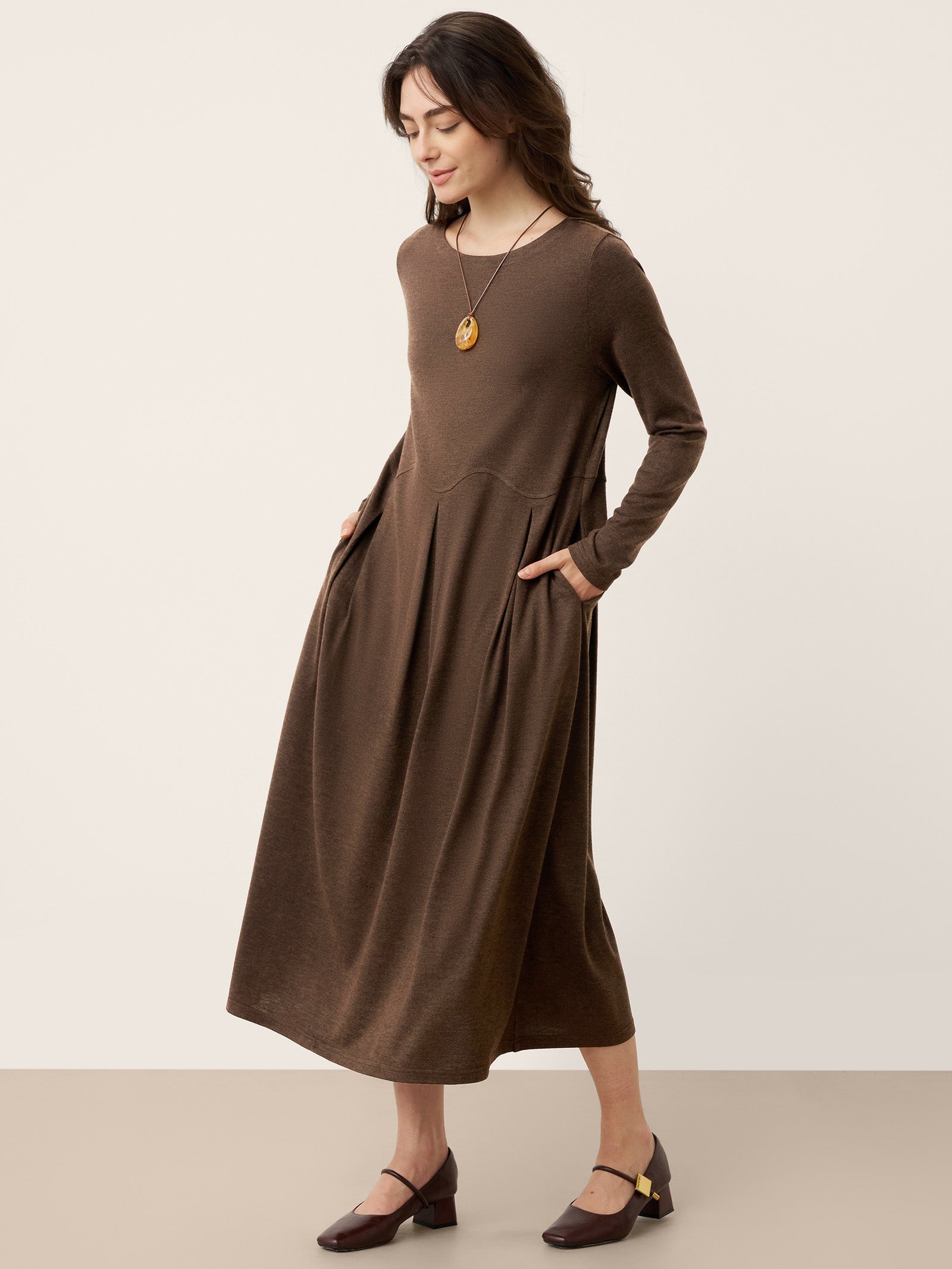 Wool Arc-Panel Sculpted Pleats Midi Dress CALISTA - DestGlow
