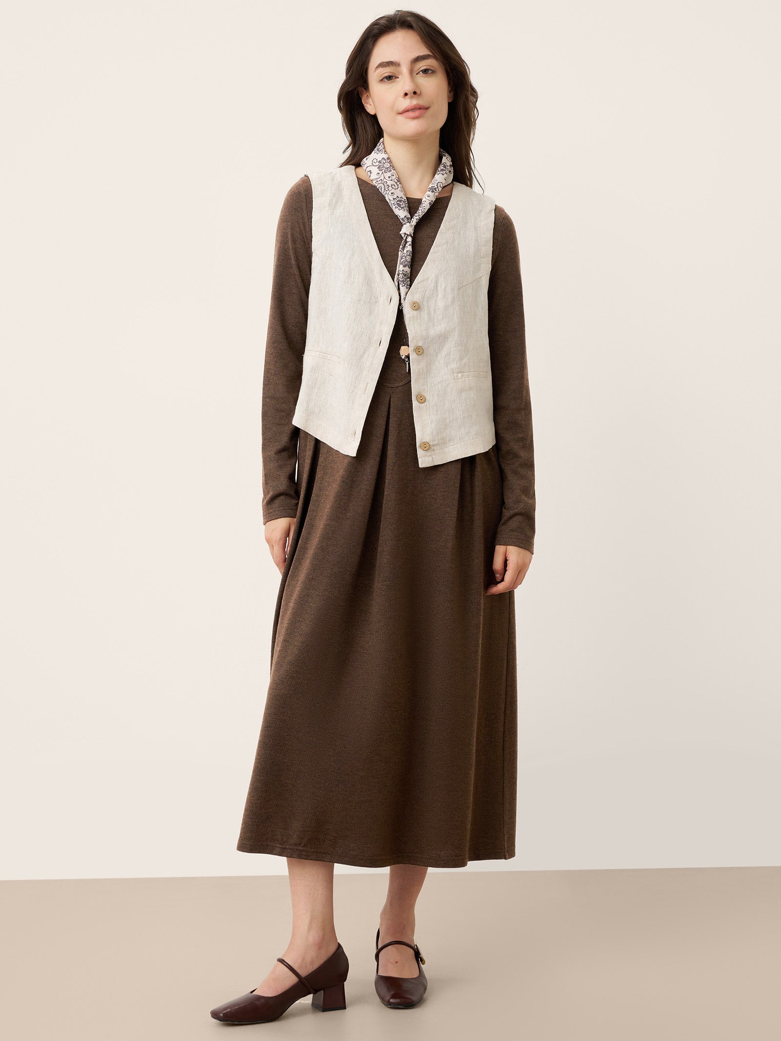 Wool Arc-Panel Sculpted Pleats Midi Dress CALISTA - DestGlow