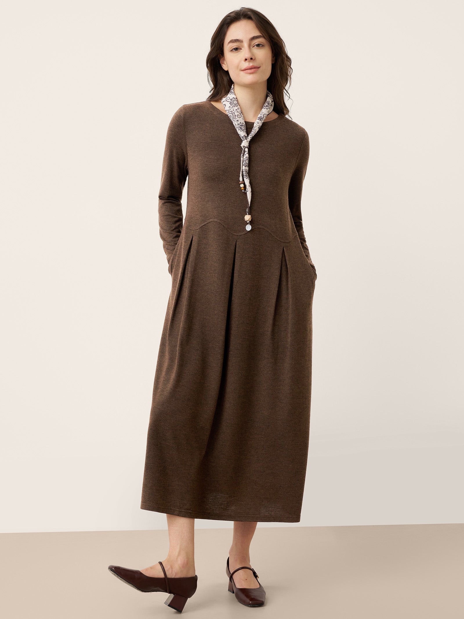 Wool Arc-Panel Sculpted Pleats Midi Dress CALISTA - DestGlow