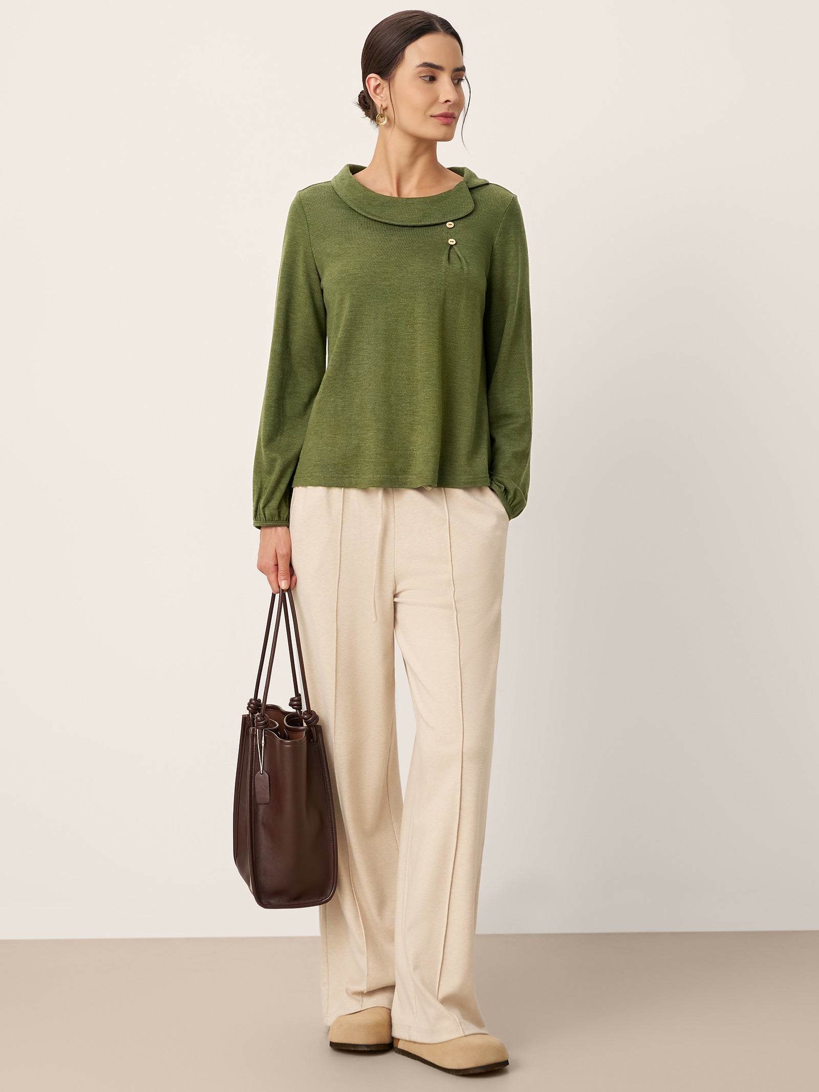 Wool Asymmetric Pleated Long-Sleeve Top ARLETTE DestGlow