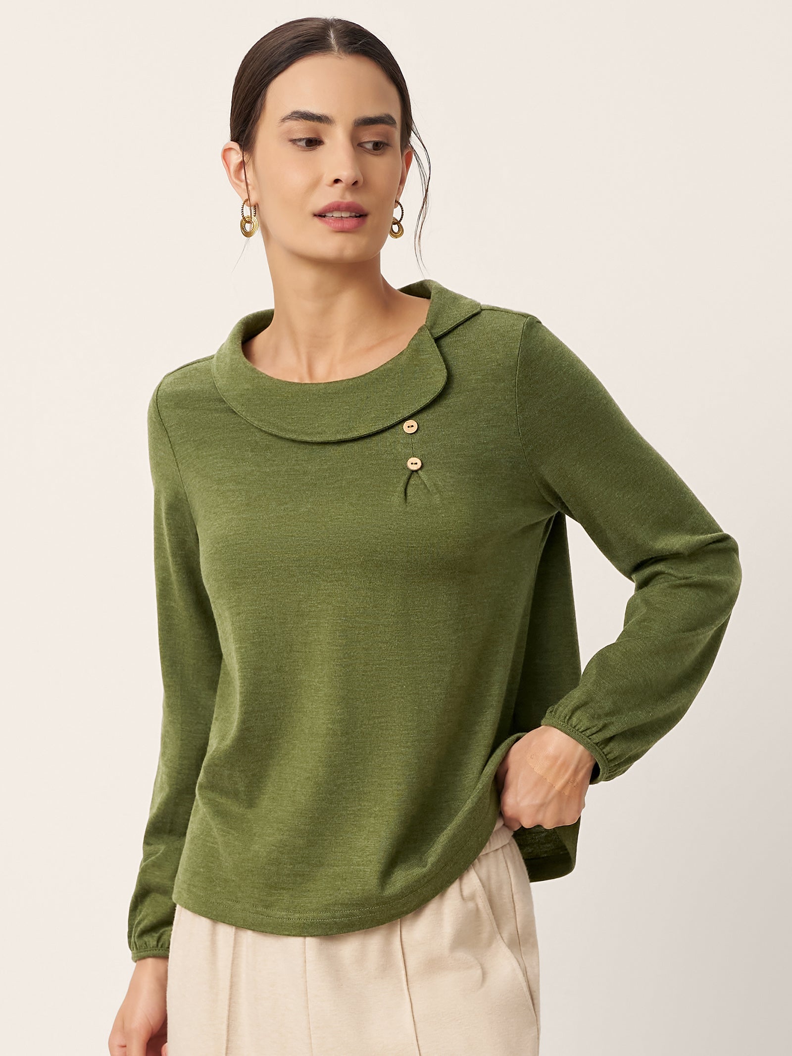 Wool Asymmetric Pleated Long-Sleeve Top ARLETTE DestGlow
