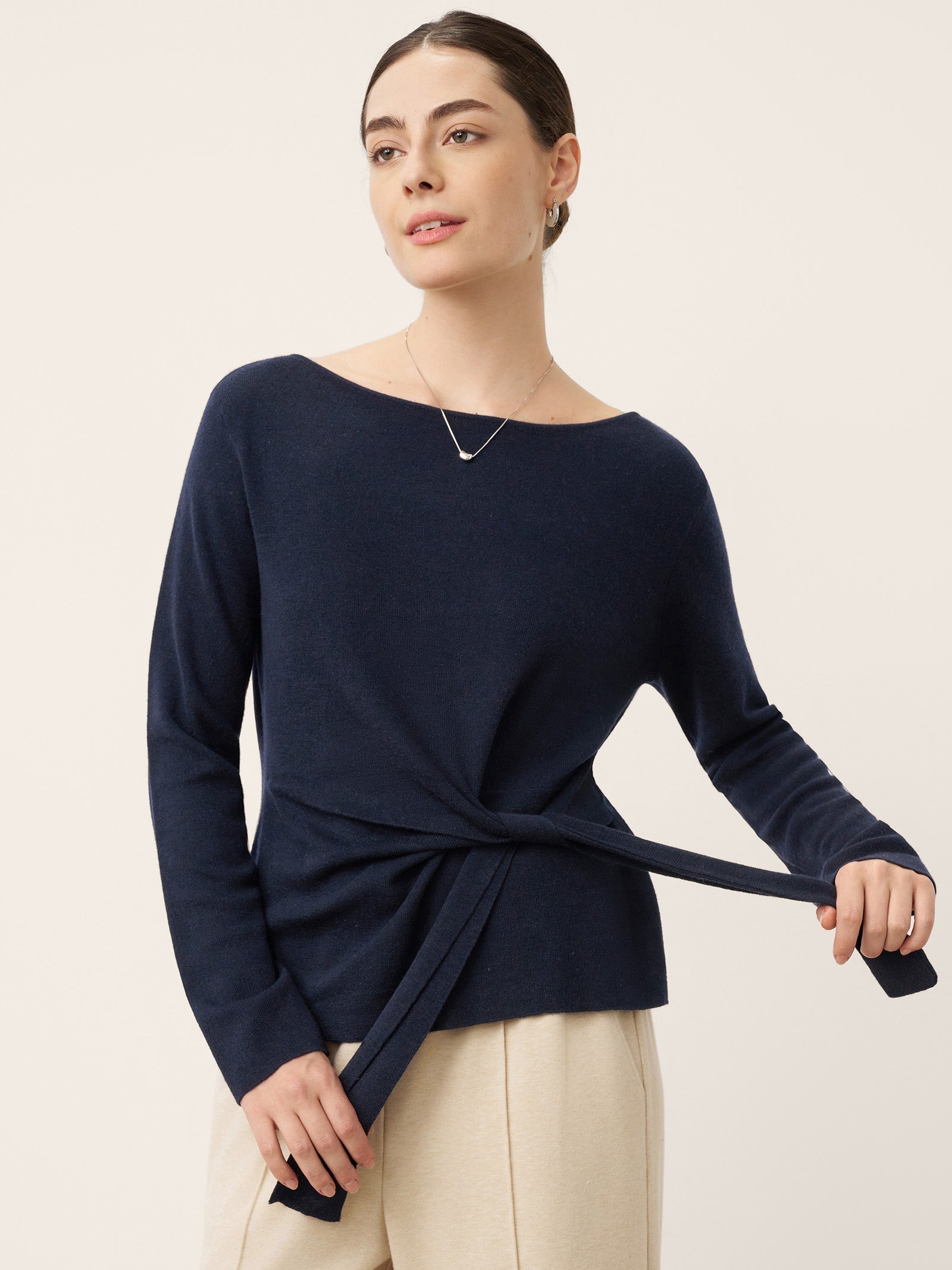 Merino Wool Belted Waist Boat Neck Top NATALIA DestGlow