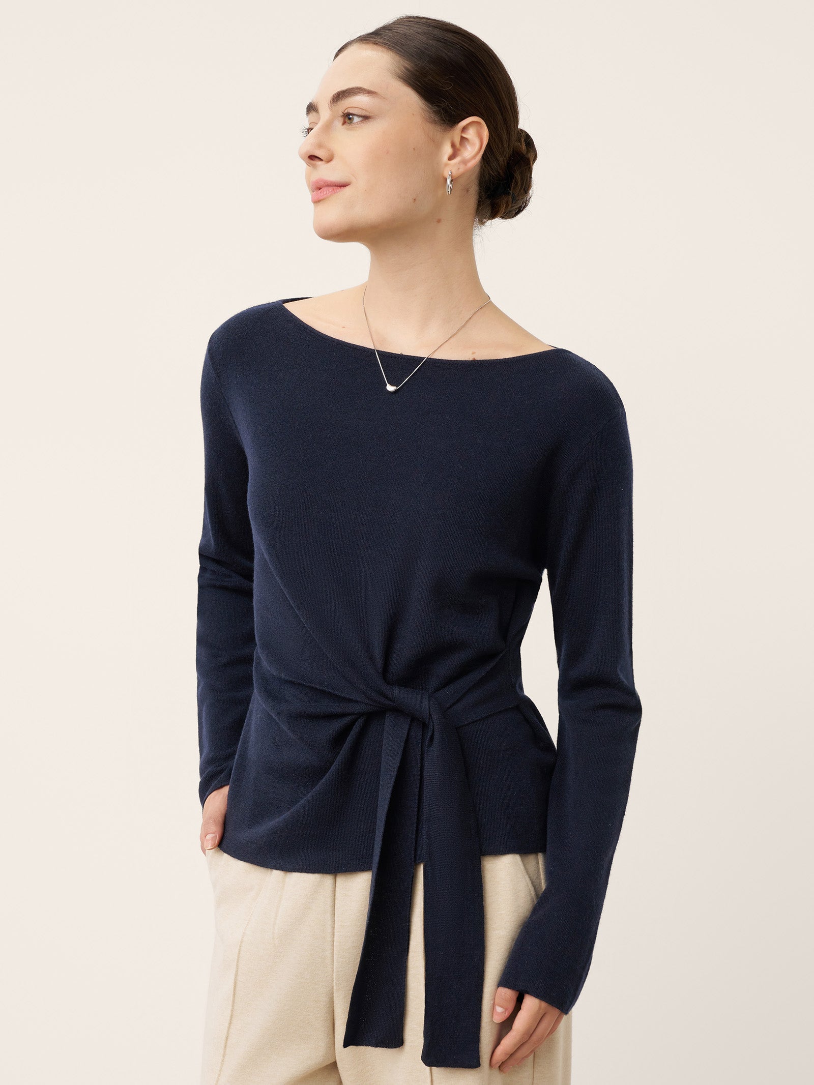 Merino Wool Belted Waist Boat Neck Top NATALIA DestGlow