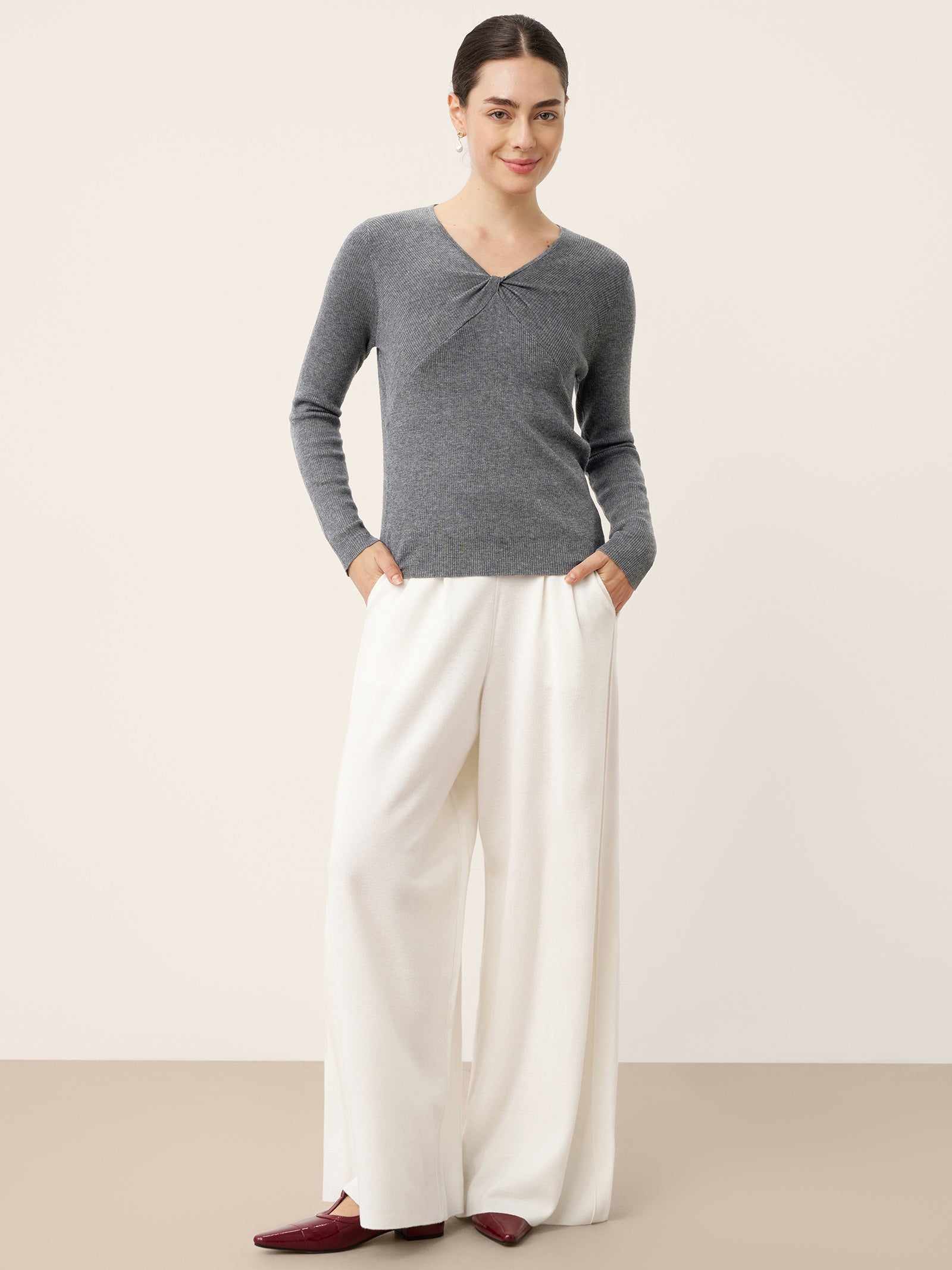 Merino Wool Ruched Panel V-Neck Top RAVEN DestGlow
