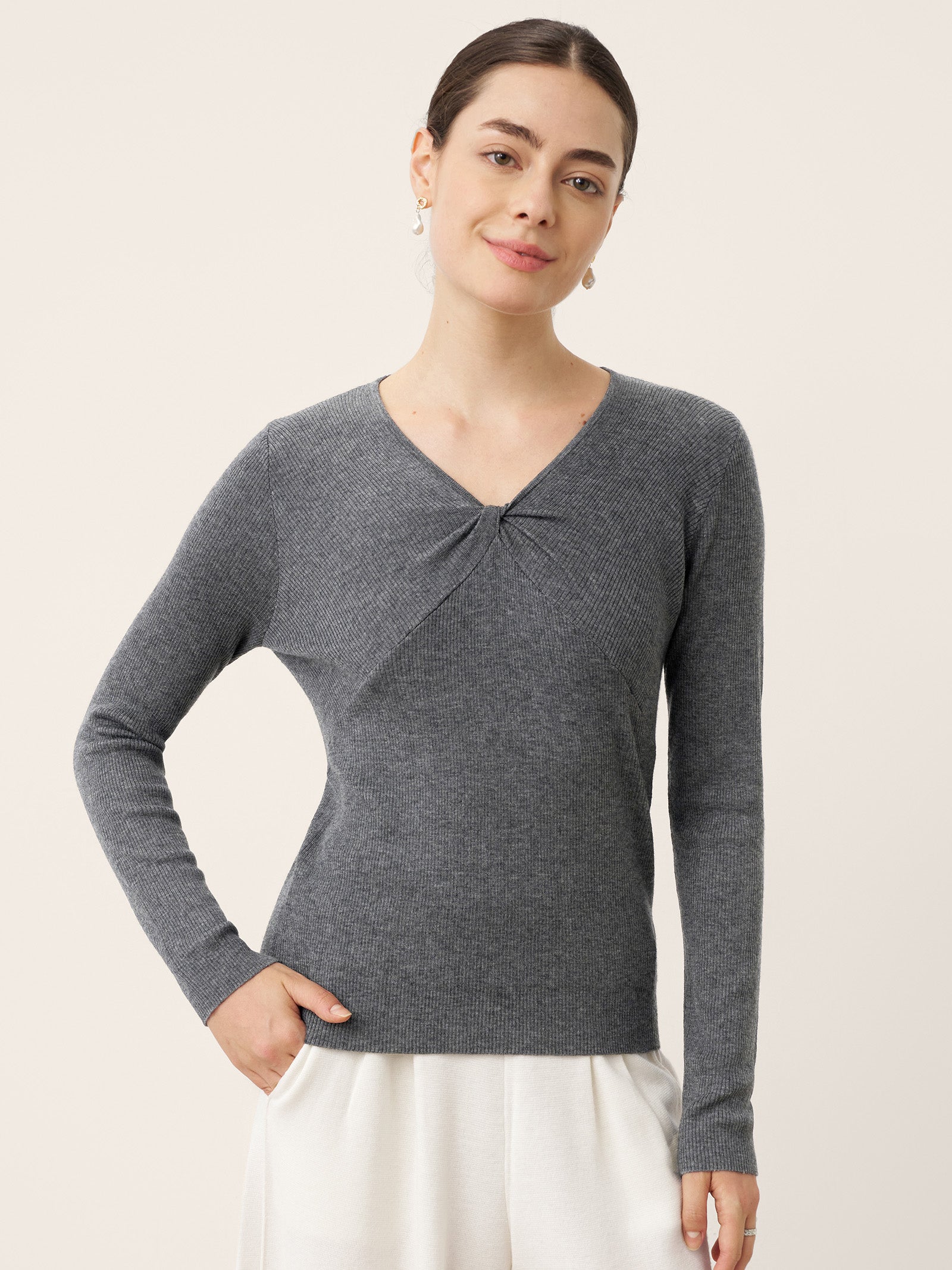 Merino Wool Ruched Panel V-Neck Top RAVEN DestGlow