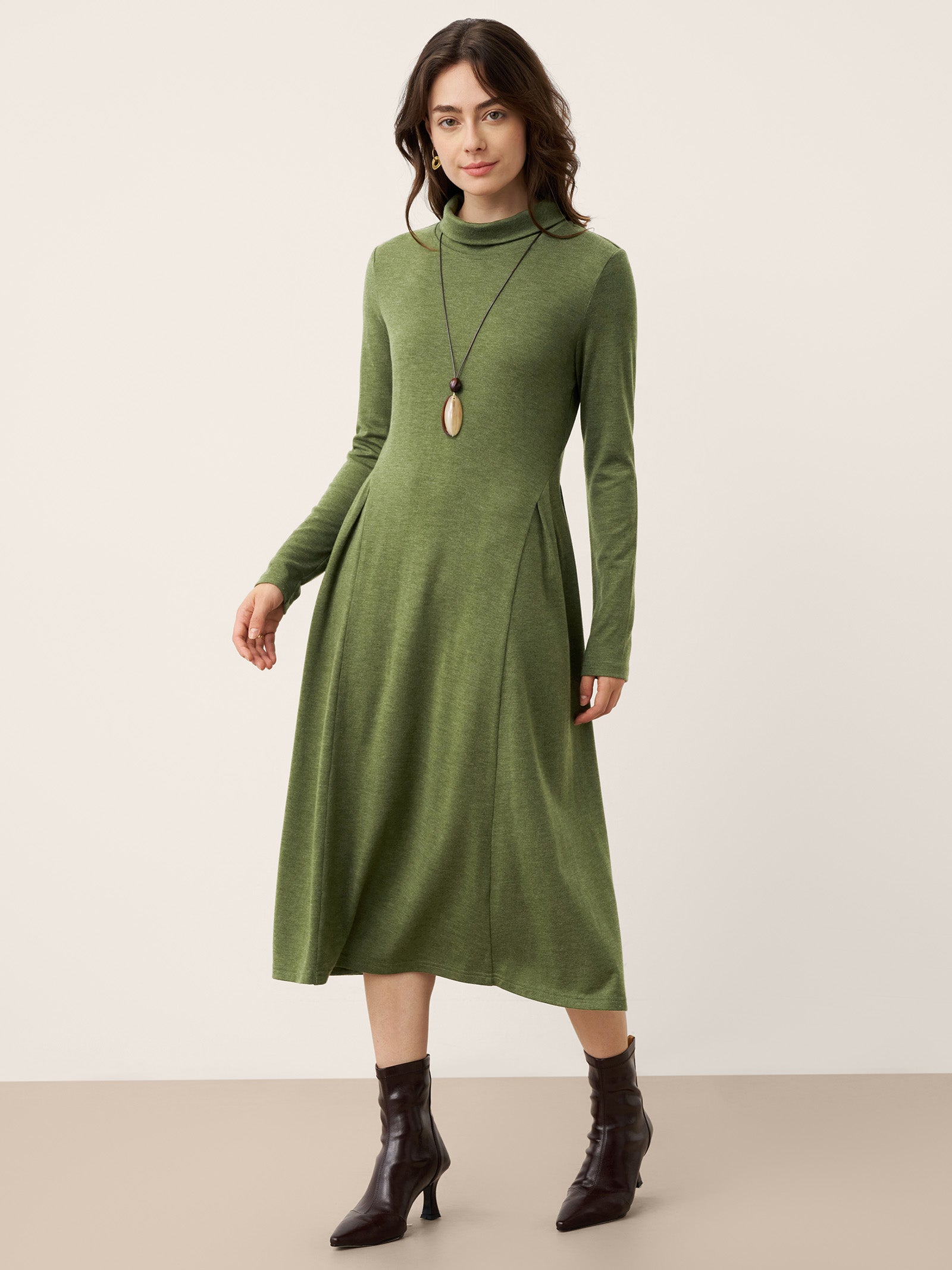 Wool Sculpted Pleats Turtleneck Midi Dress BRIAR