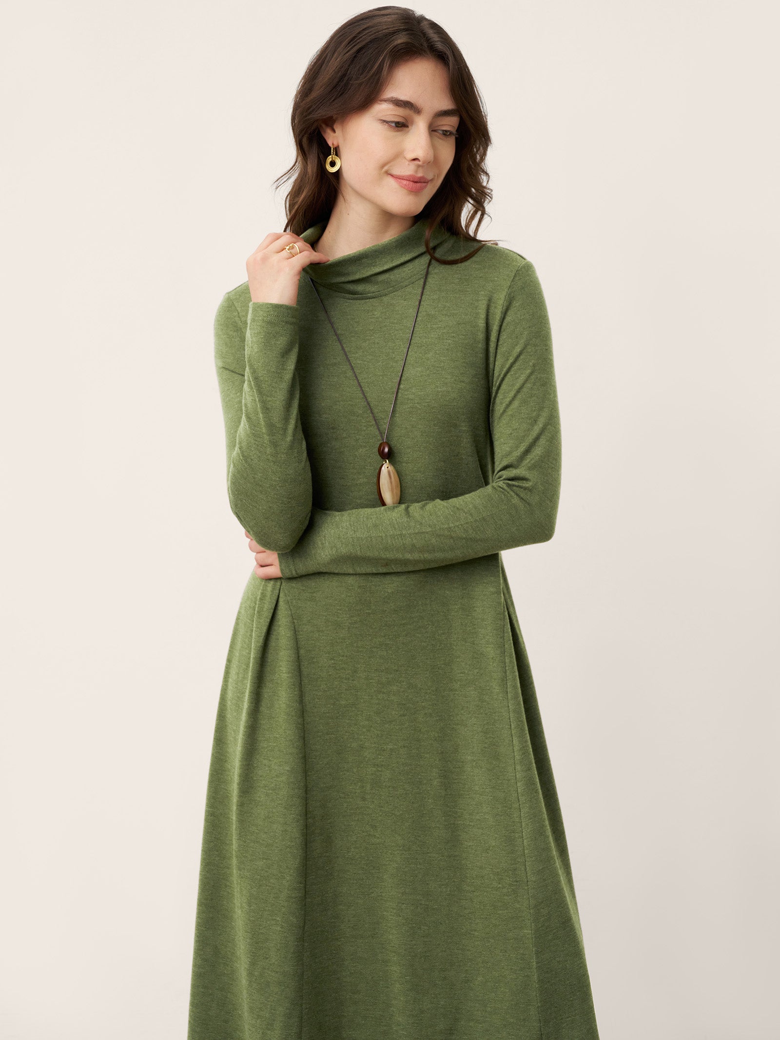 Wool Sculpted Pleats Turtleneck Midi Dress BRIAR