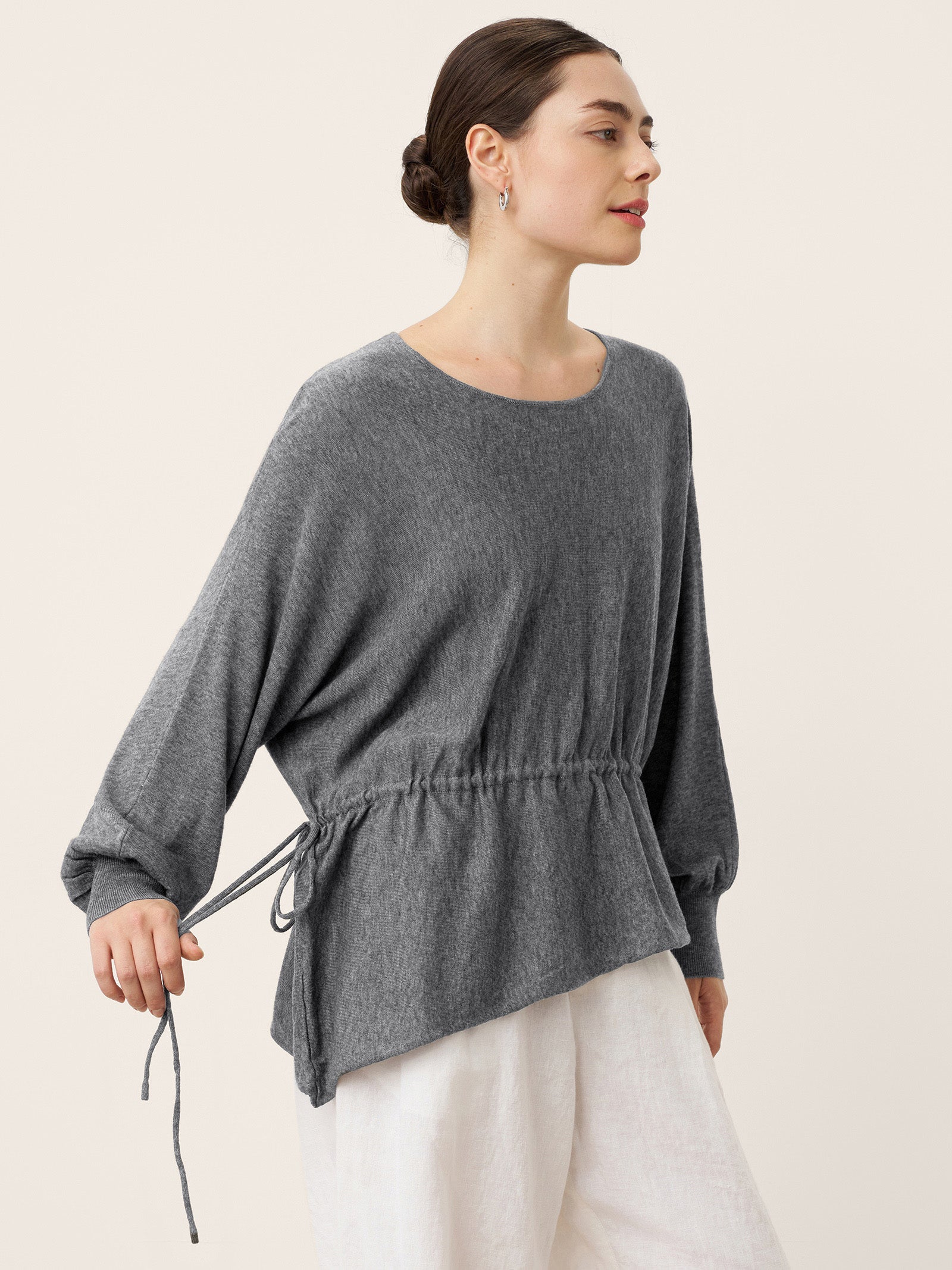 Merino Wool Asymmetric Drawstring Hem Loose Top WREN DestGlow