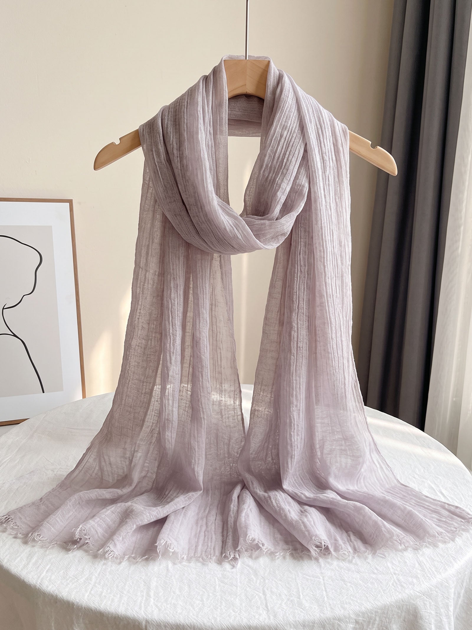 Wool Tencel Solid Ruched Lightweight Scarf