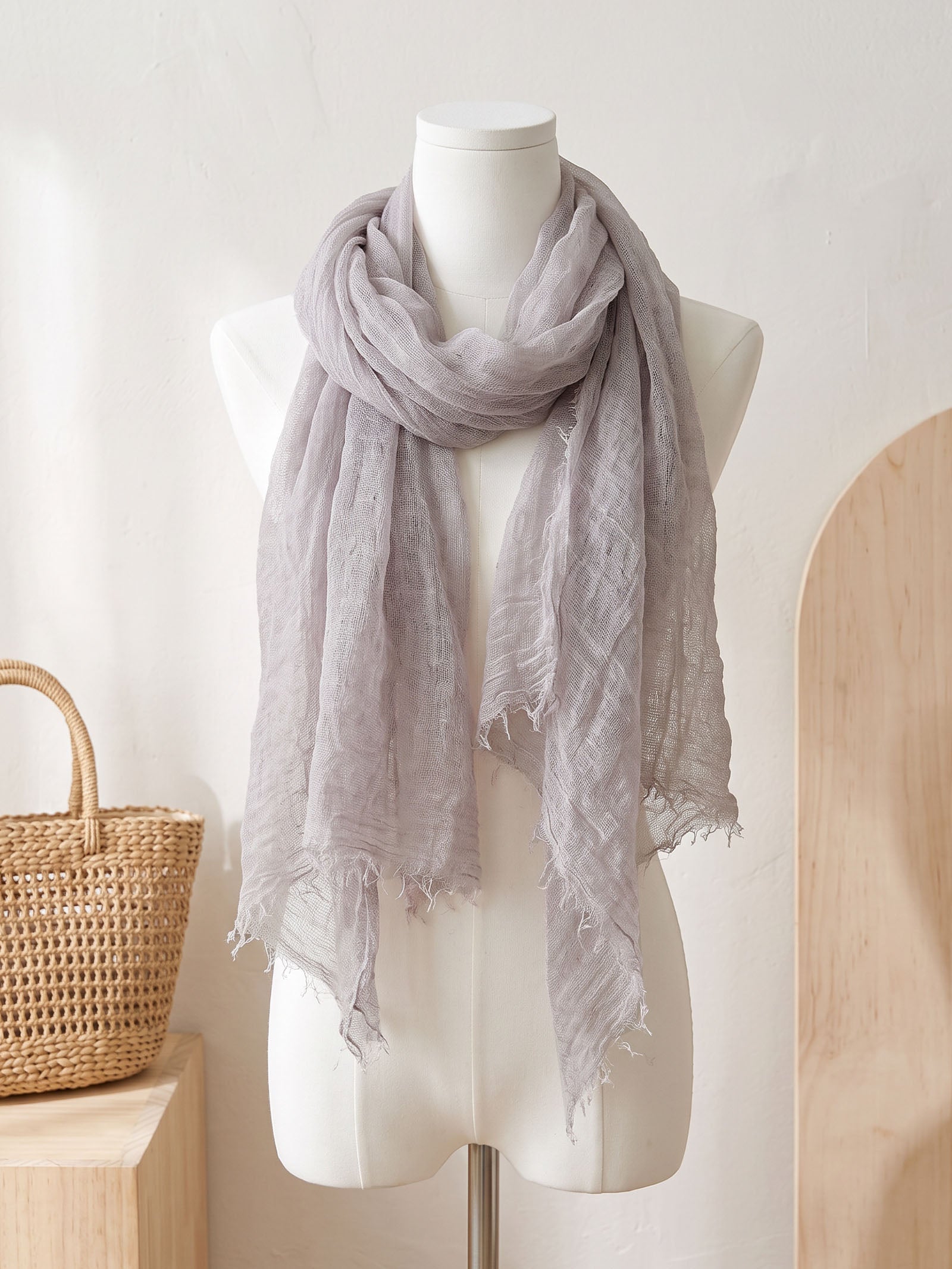 Wool Tencel Solid Ruched Lightweight Scarf