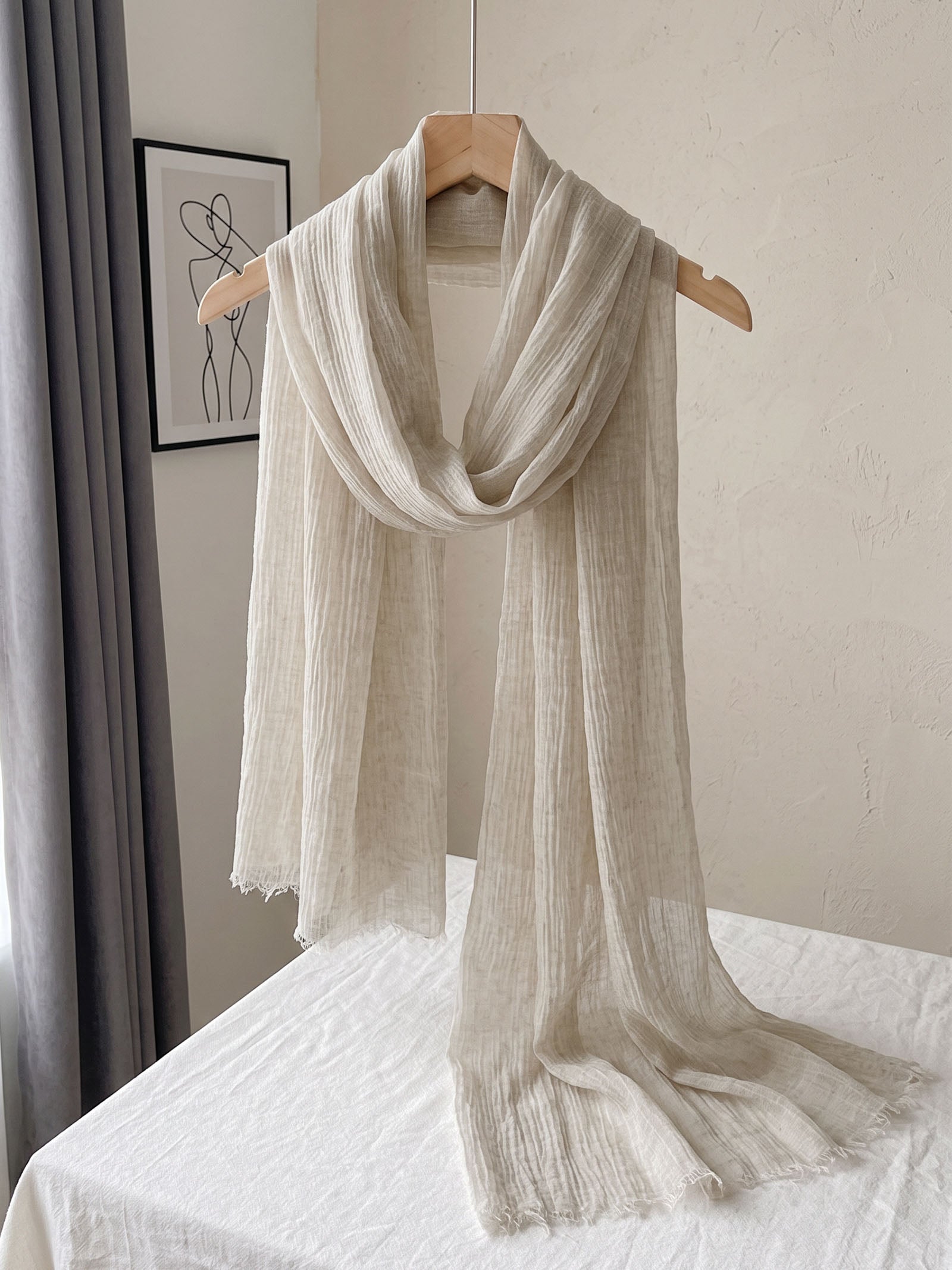 Wool Tencel Solid Ruched Lightweight Scarf