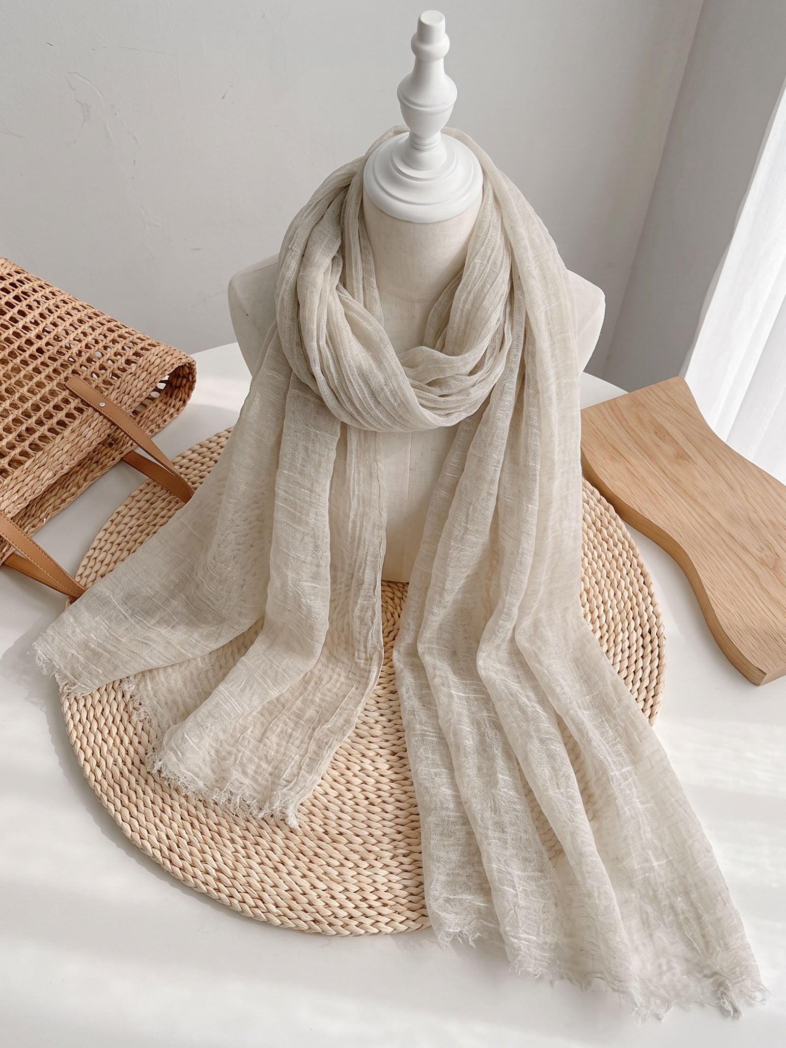 Wool Tencel Solid Ruched Lightweight Scarf