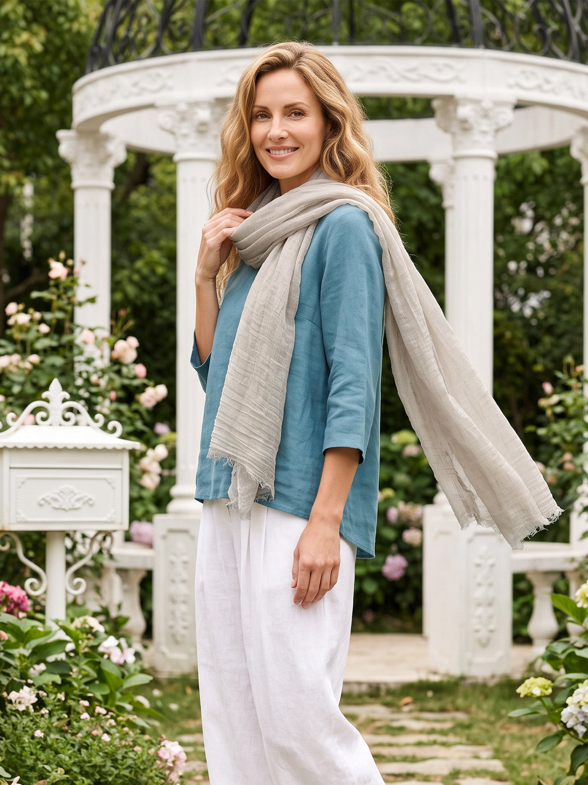 Wool Tencel Solid Ruched Lightweight Scarf