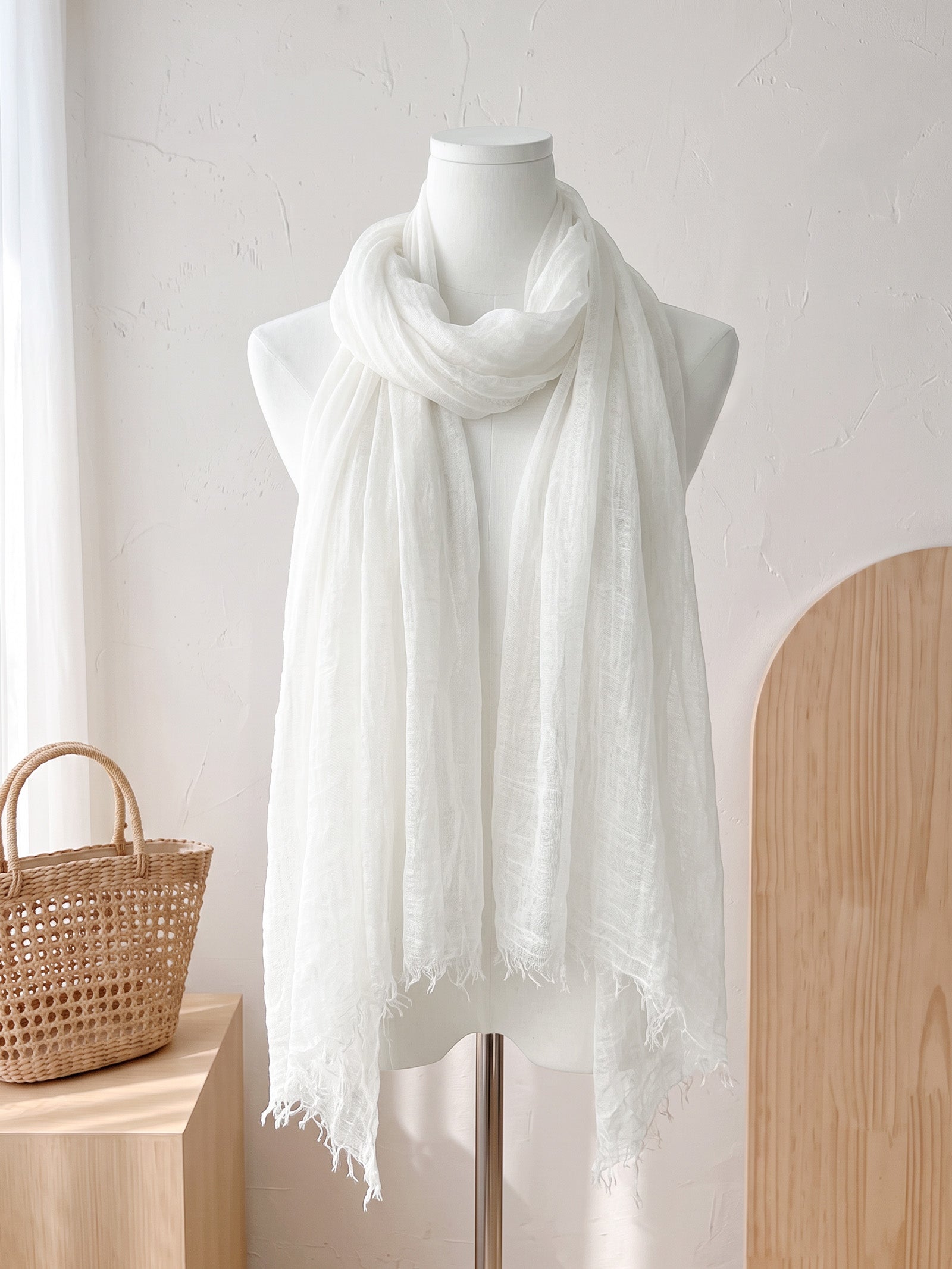 Wool Tencel Solid Ruched Lightweight Scarf