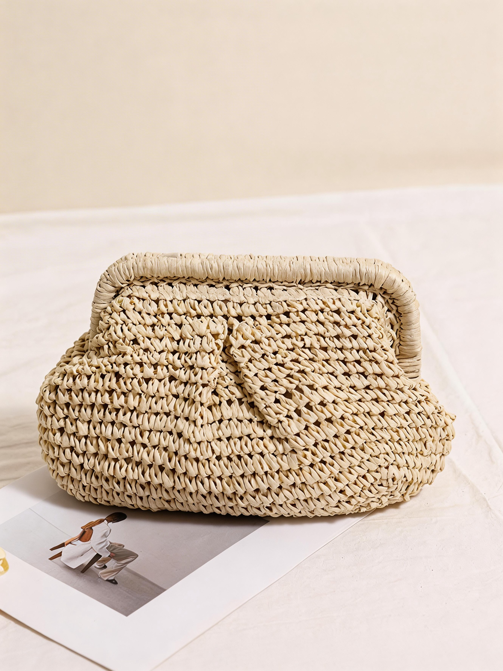 Woven Straw Crossbody Bag with Chain Strap DestGlow
