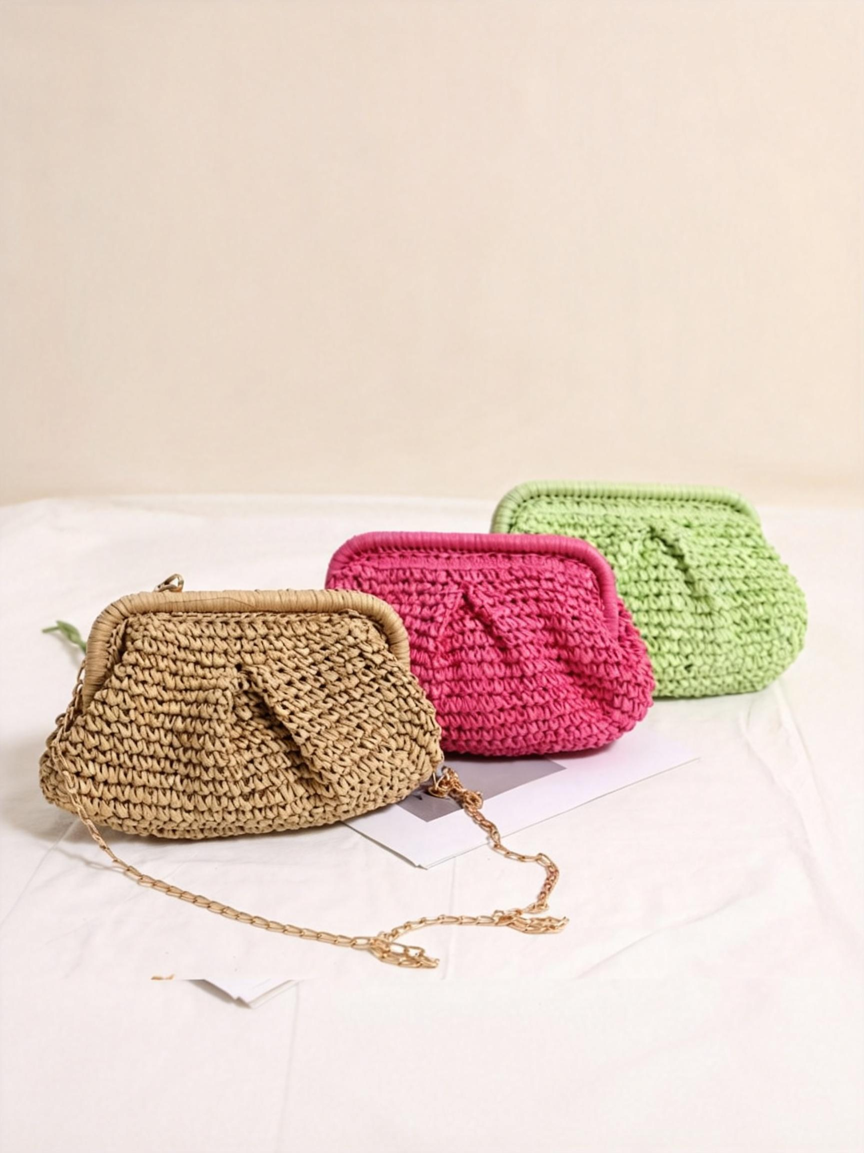 Woven Straw Crossbody Bag with Chain Strap DestGlow