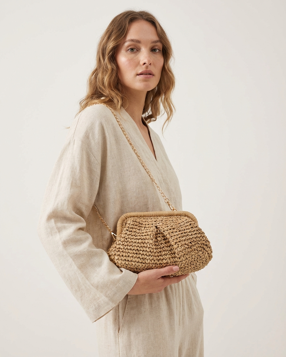 Woven Straw Crossbody Bag with Chain Strap DestGlow