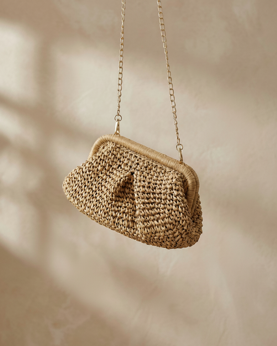 Woven Straw Crossbody Bag with Chain Strap by LINTICO