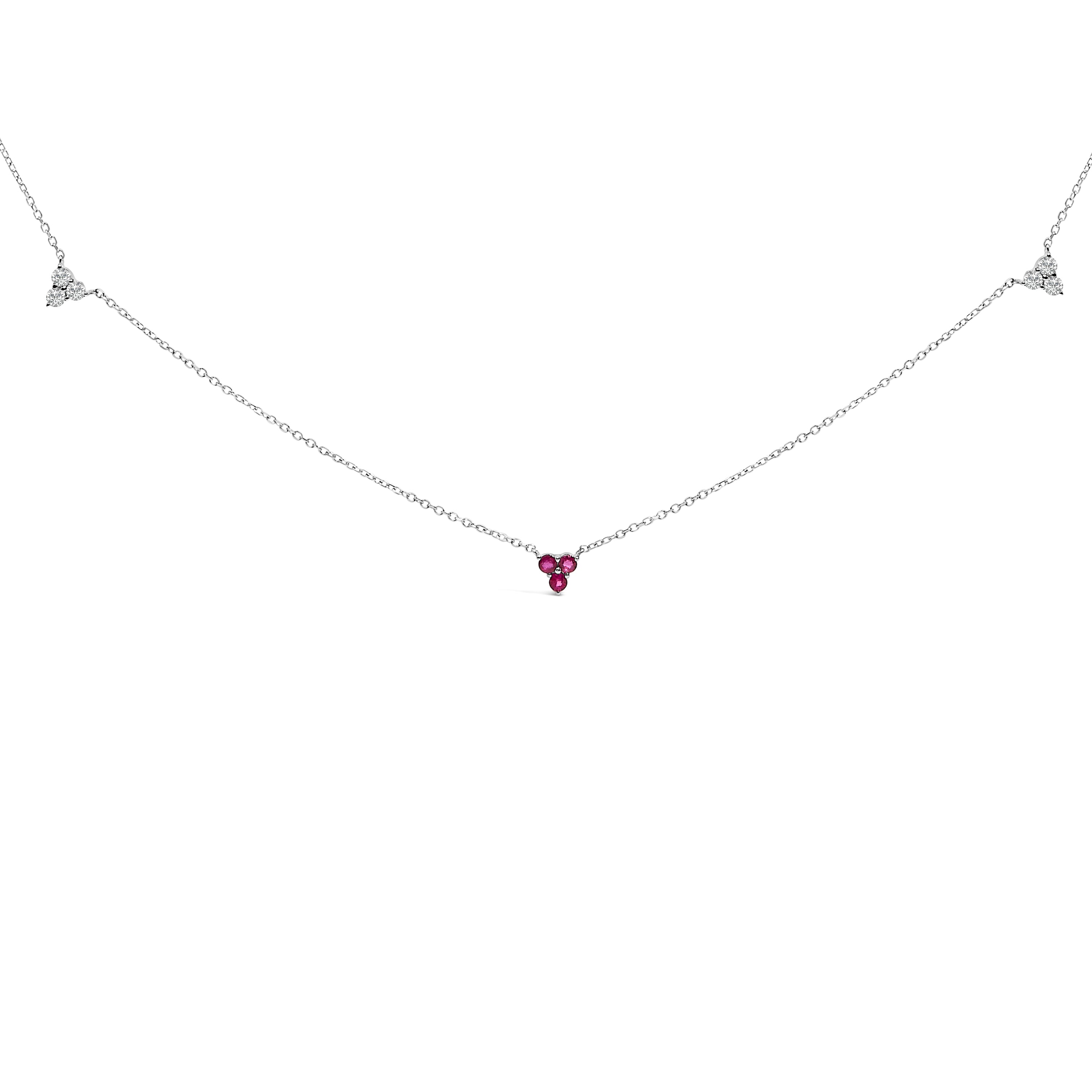 14K White Gold 1/5 Cttw Diamond and Ruby Tri Station Necklace DestGlow