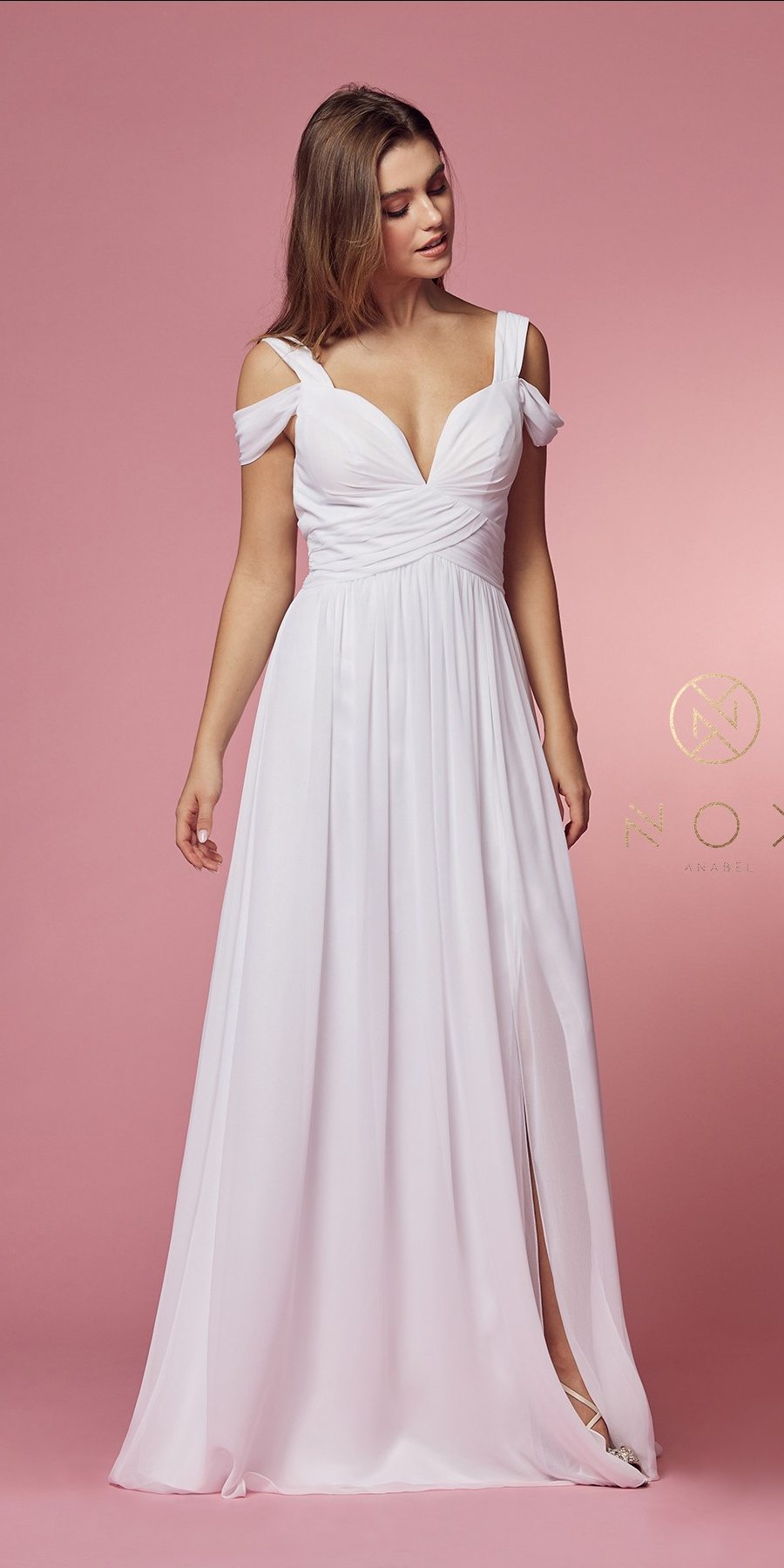 CLEARANCE - Nox Anabel Y277W Cold-Shoulder Long A-Line Chiffon Dress (Size L) by DiscountDressShop
