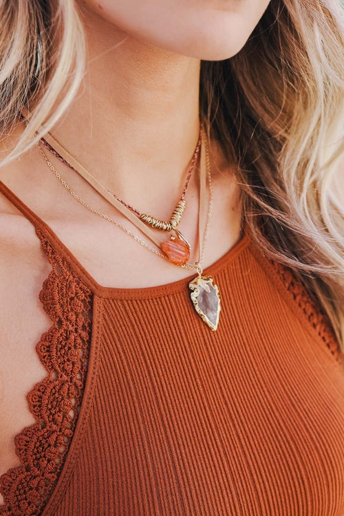 Carnelian & Brown Agate Suede Necklace - Bohemian Layered Gemstone Jewelry