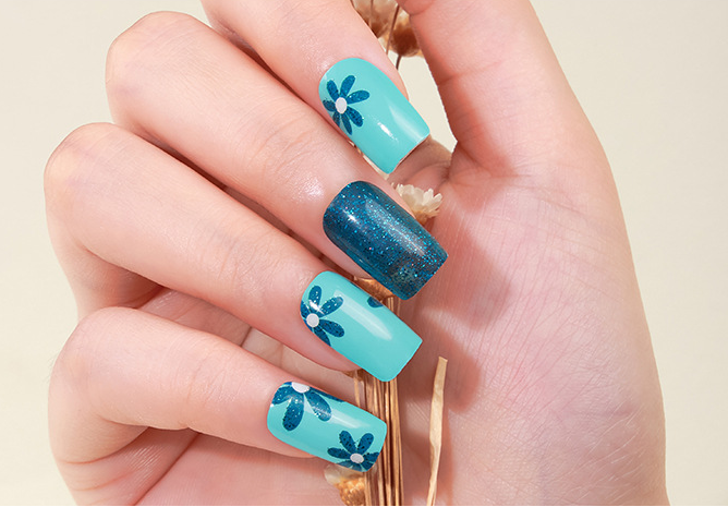 Blue Floral Gel Nails by Candied Nails