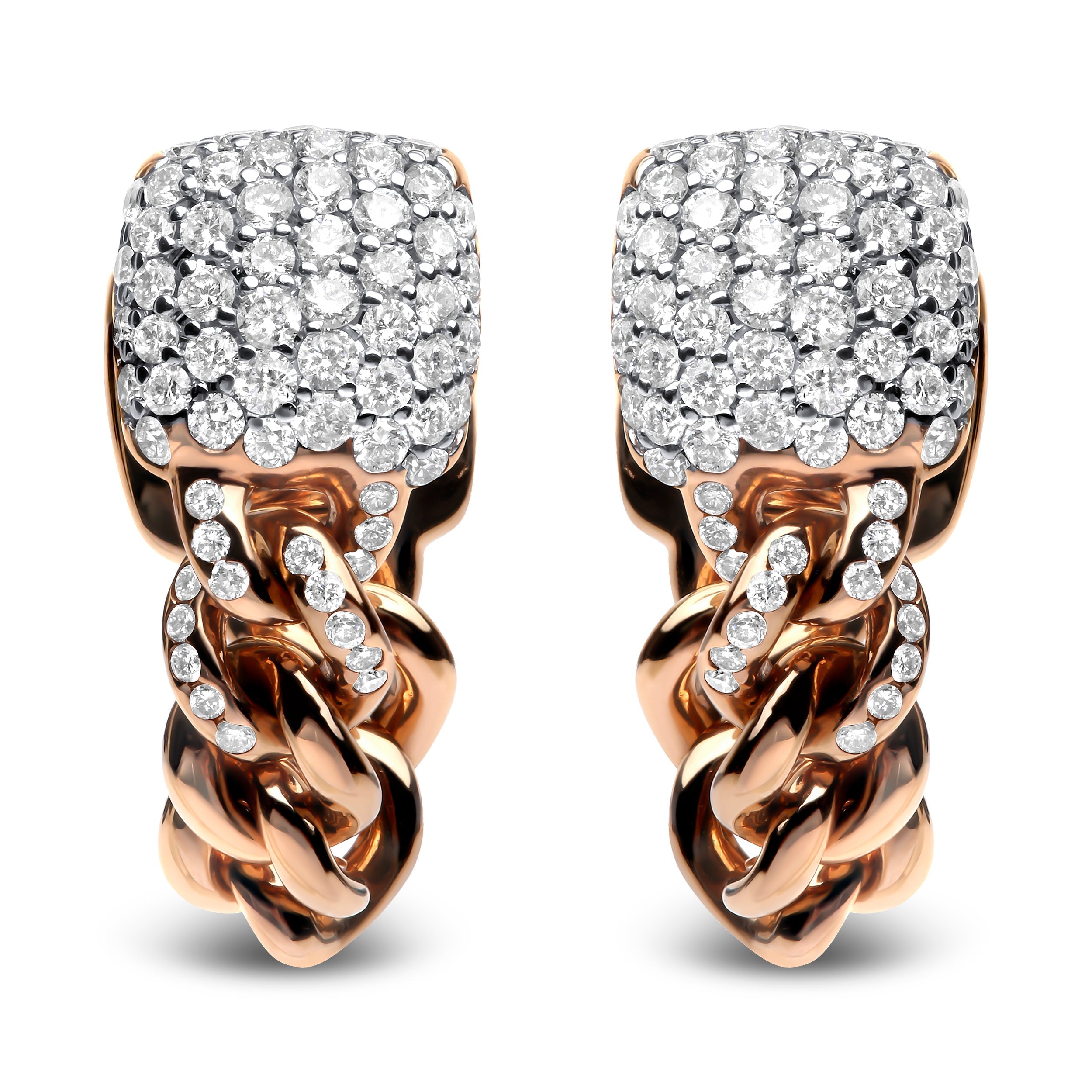 18K Rose Gold 3/4 Cttw Round Diamond Pave Cuban Chain Huggie Earrings (G-H Color, SI1-SI2 Clarity)