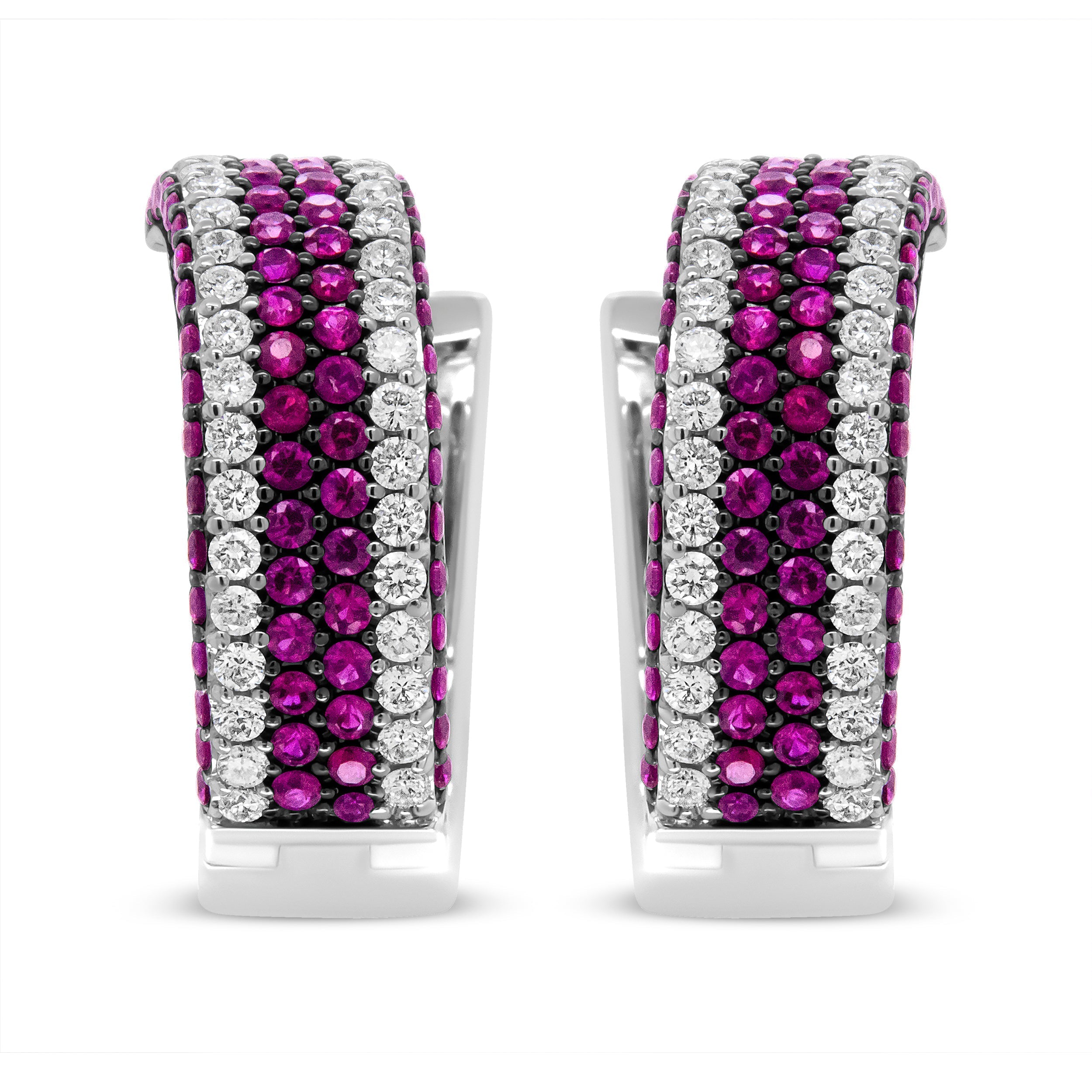 18K White Gold 1 7/8 Cttw Diamond and 1mm Round Red Ruby Open Swish Hoop Earrings (F-G Color, VS1-VS2 Clarity)