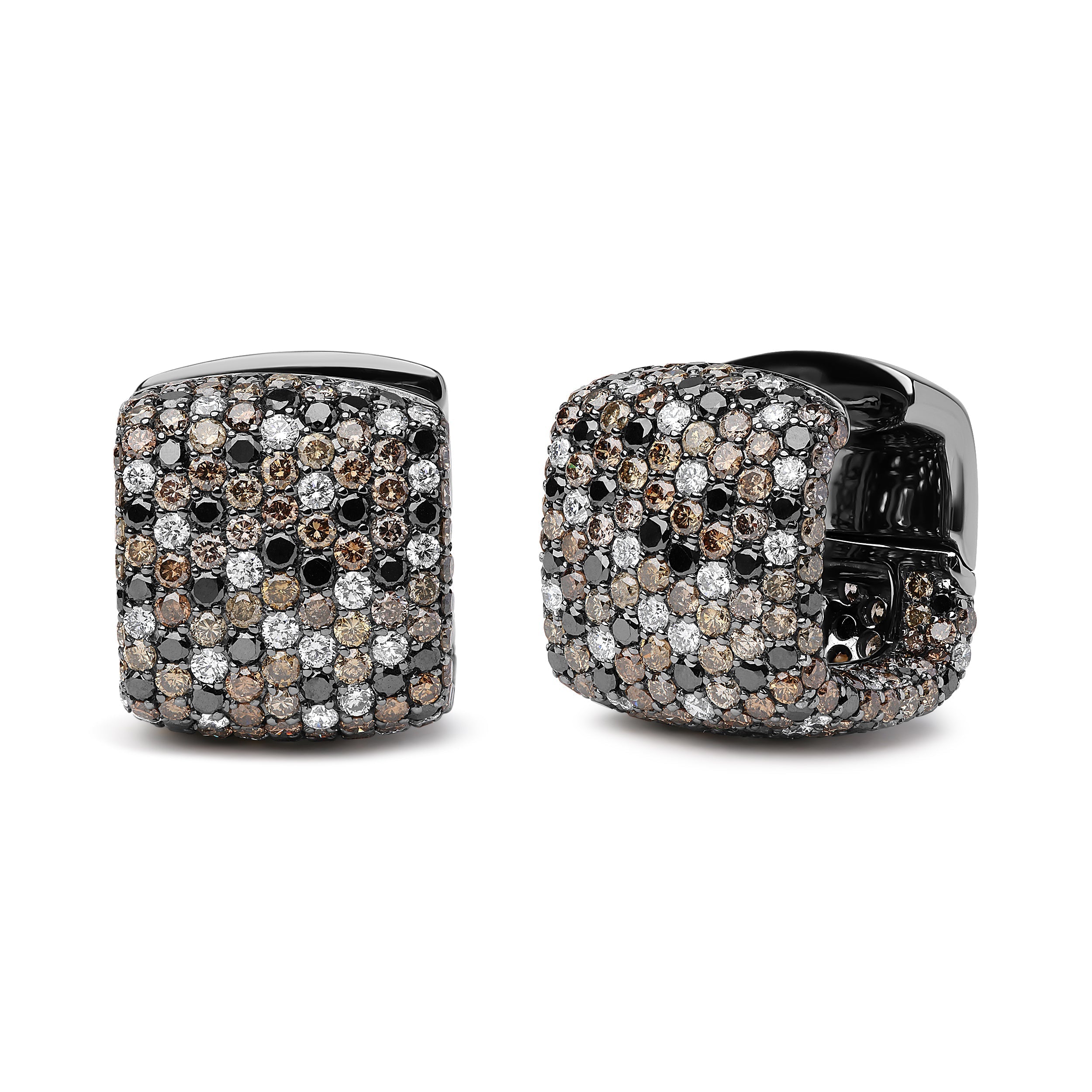 Black Rhodium Plated 18K White Gold 12 5/8 Cttw Multi Color Diamond Square Domed Huggie Hoop Earrings (Brown, Black, G-H Color, SI1-SI2 Clarity)