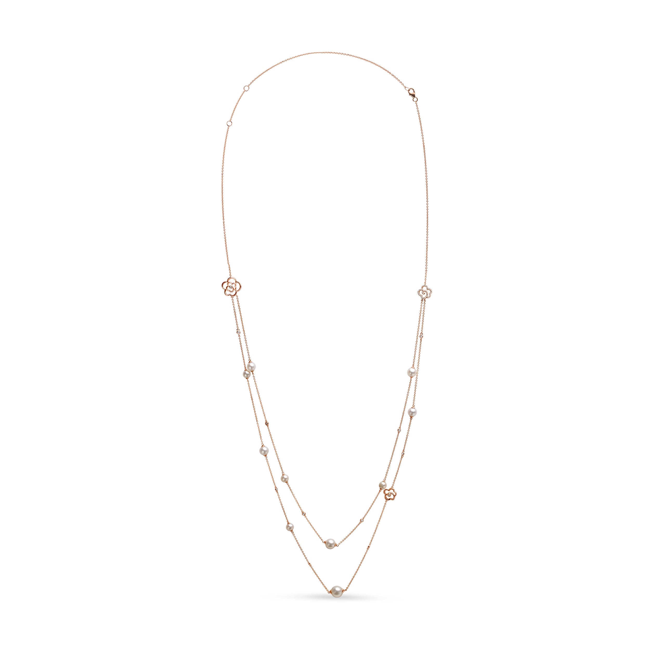 18K Rose Gold 1/2 Cttw Diamond and Freshwater Pearl Double Strand Station Necklace (G-H Color, SI1-SI2 Clarity) - Adjustable up to 16" to 20" by Bids.com