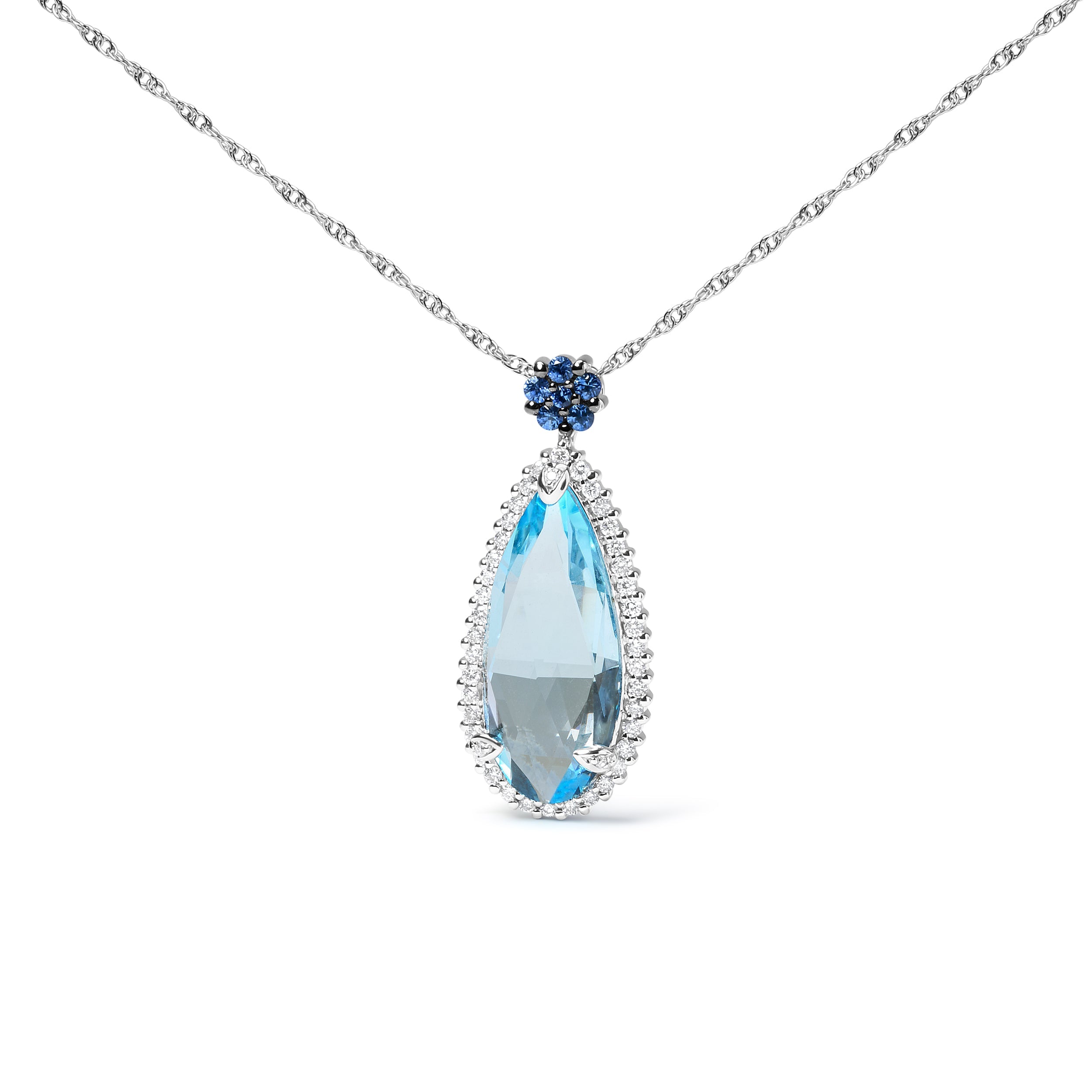 18K White Gold 3/8 Cttw Pave Set Diamond and Sky Blue Topaz and Blue Sapphire Gemstone Floral Teardrop Halo 18" Pendant Necklace (G-H Color, SI2-I1 Clarity) by Bids.com