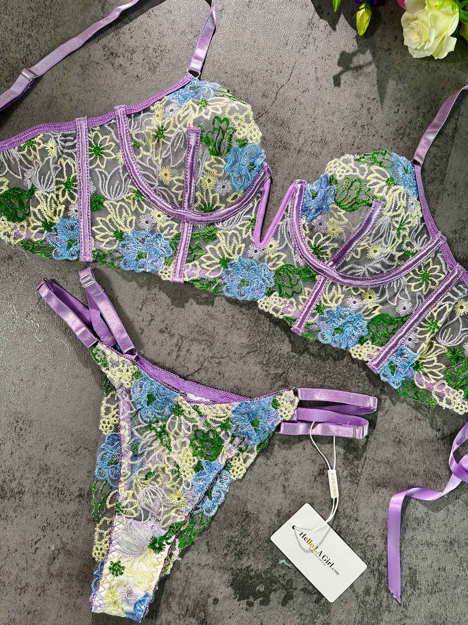 Purple Florals Embroidery Thong