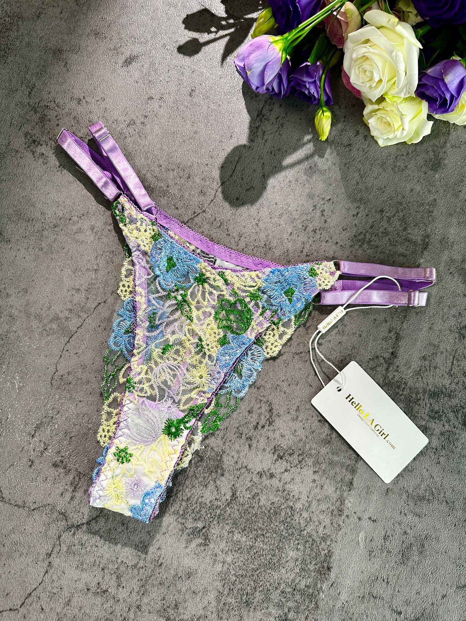 Purple Florals Embroidery Thong