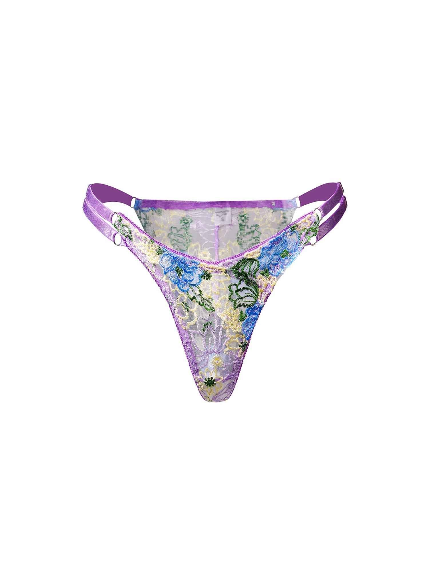 Purple Florals Embroidery Thong - accessories