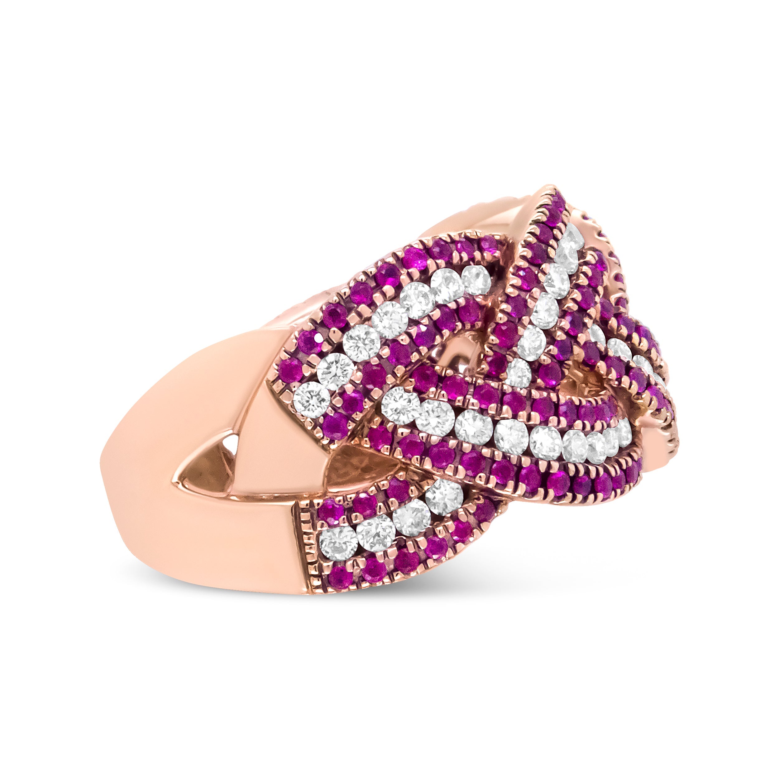 18K Rose Gold Red Ruby and 7/8 Cttw Diamond Woven Braided Band Ring (F-G Color, VS1-VS2 Clarity) - Ring Size 7 by Bids.com